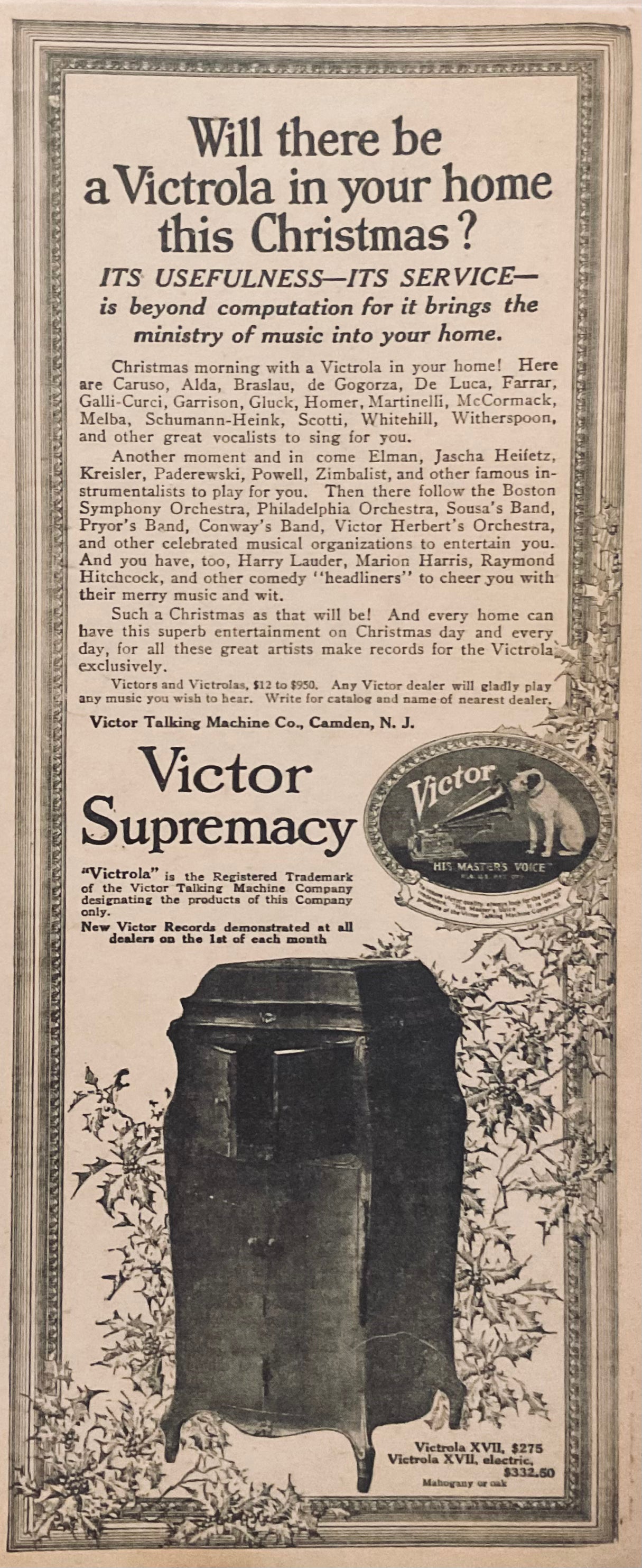 1918 Victor Supremacy Magazine Ad Victrola for Christmas