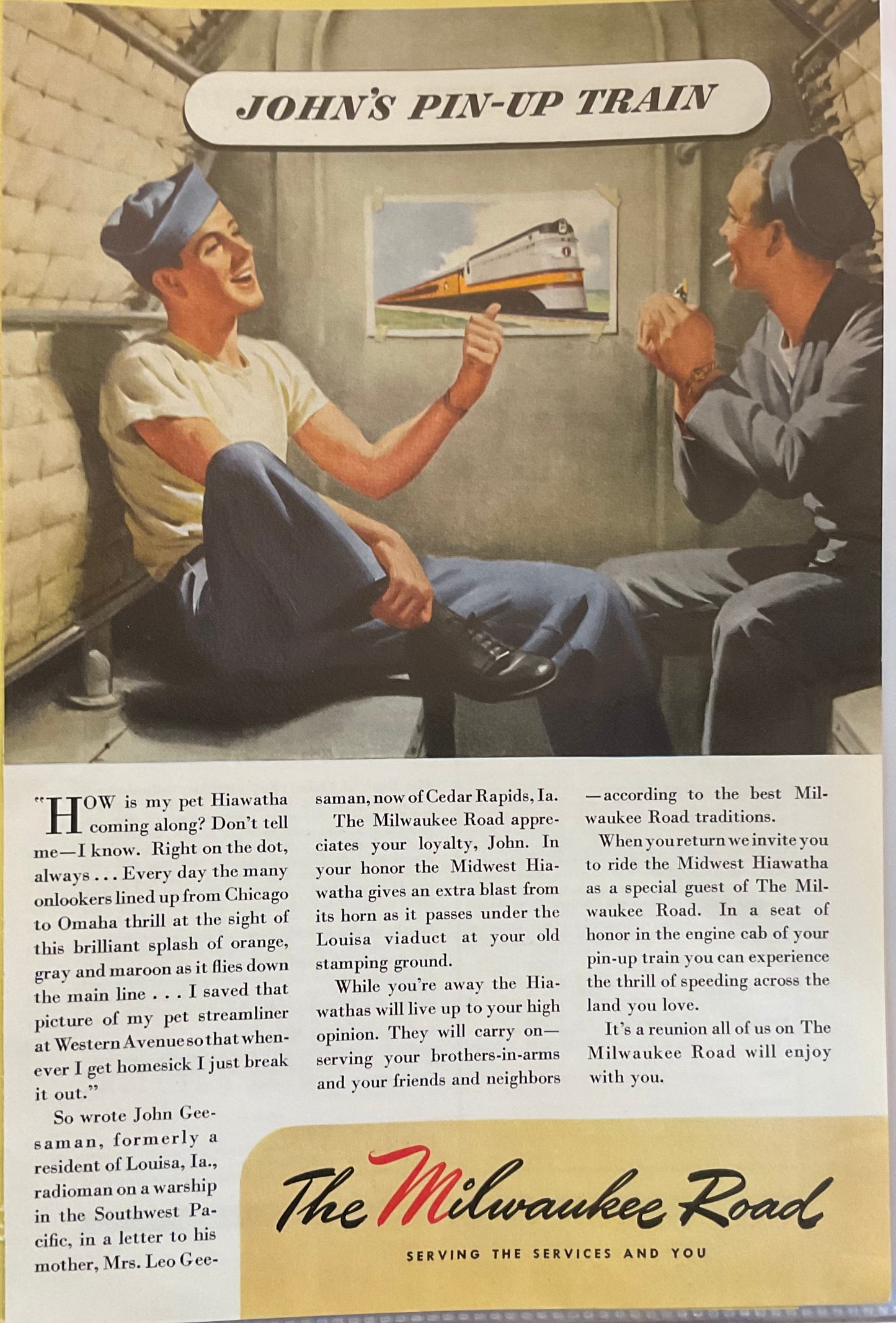 1945 The Milwaukee Road Hiawatha Pin-Up Train Route Ad N649