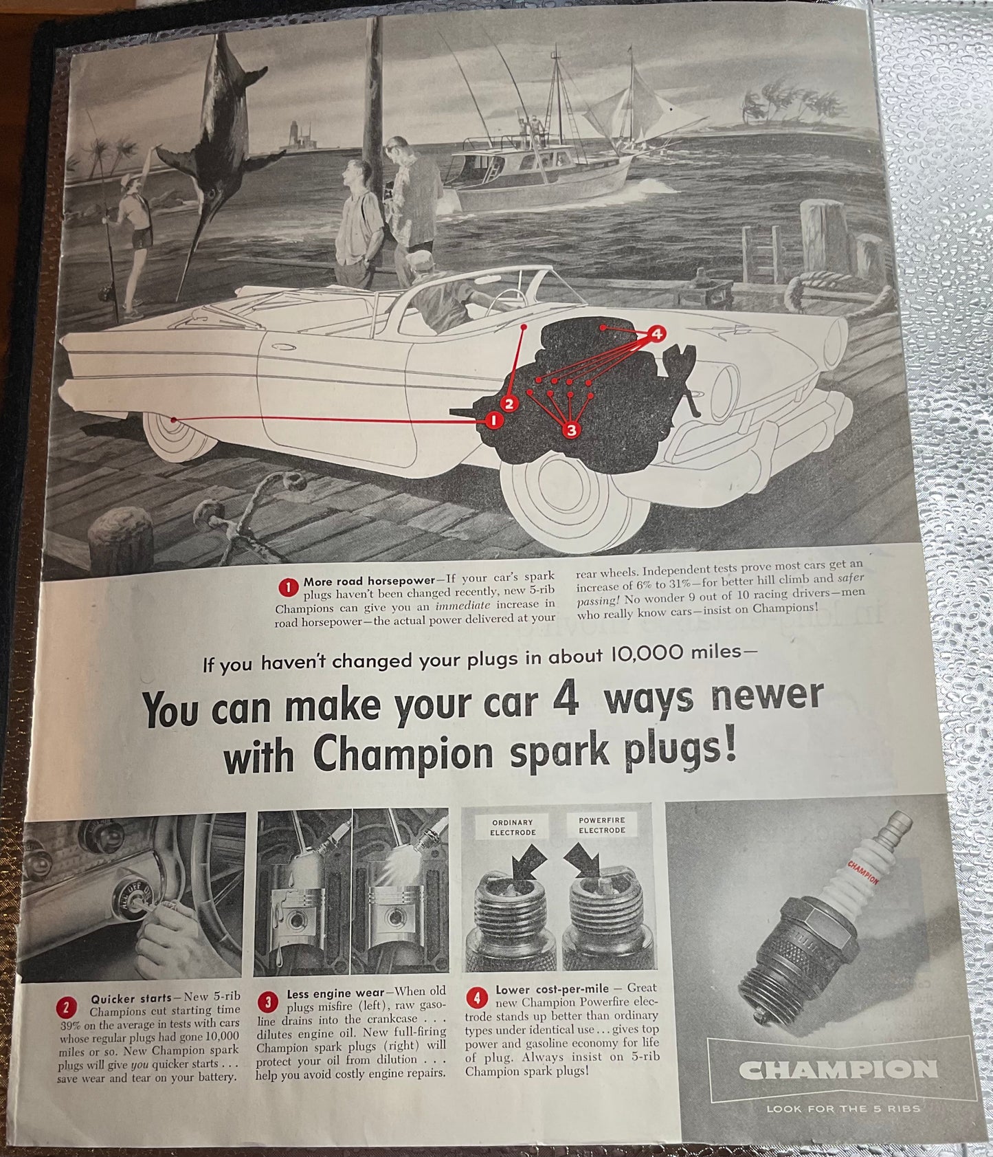 1957 Champion Spark Plugs 4 Ways Newer - Sailfish Ad 1712-1