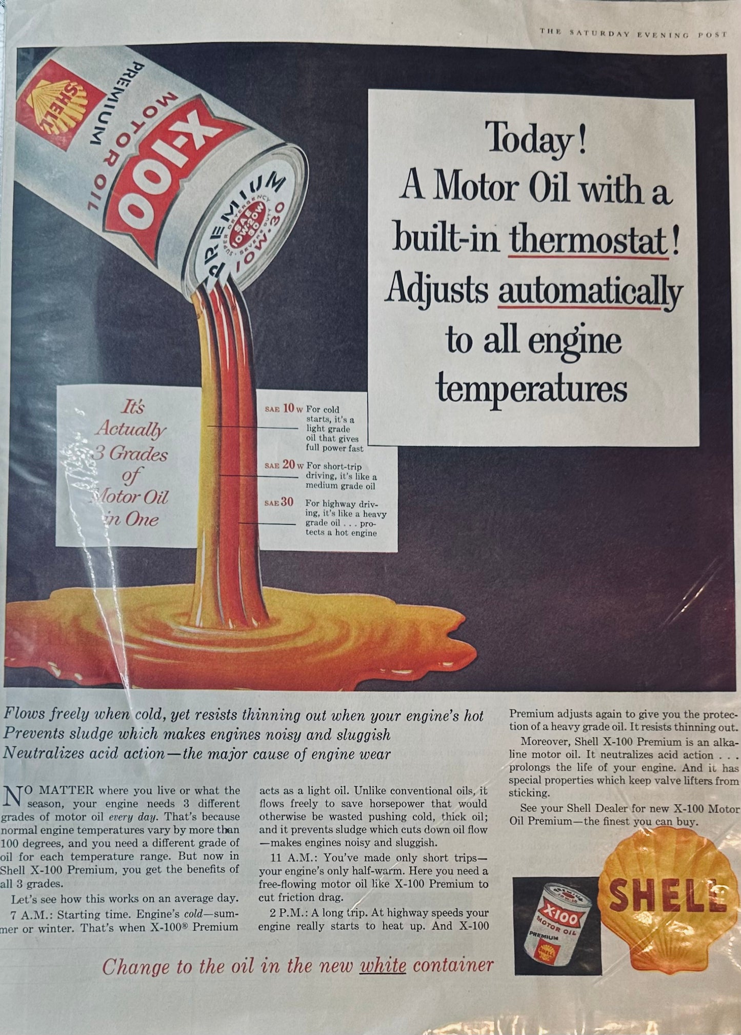 1957 Shell Motor Oil X-100 Magazine Ad - Built in Thermostat #621