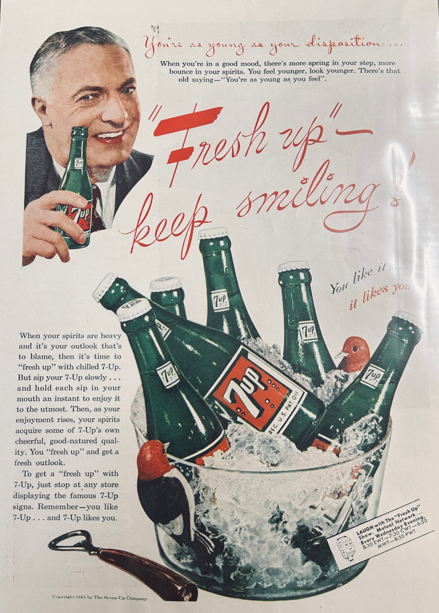 1945 7-UP Cola - Fresh-up - Keep Smiling! Magazine Ad WWII Era N829