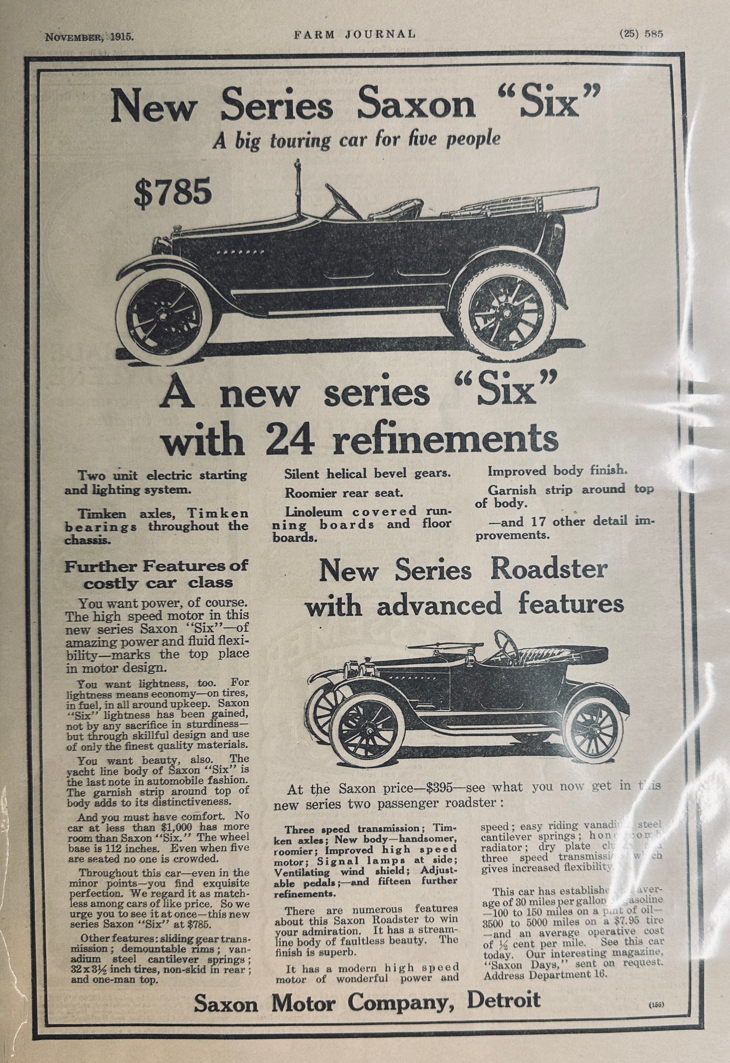 1915 - Saxon "Six" - November - New Series Six with 24 Refinements - Magazine Ad