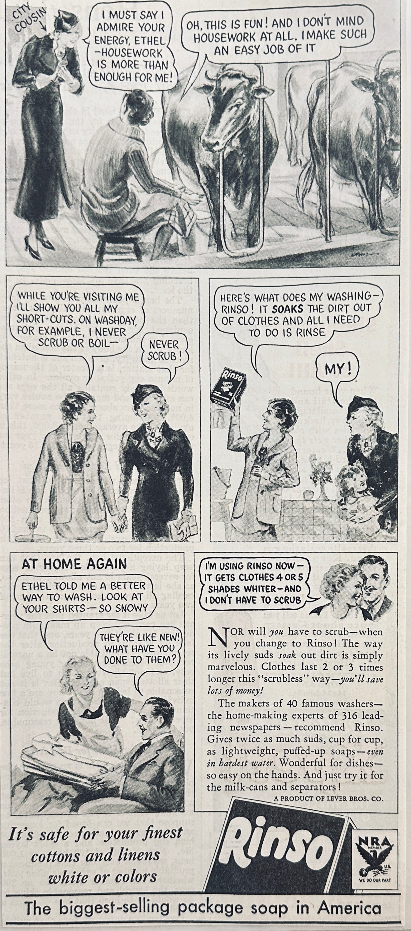 1933 Rinso Laundry Detergent - City Cousin learns from Country Cousin - Magazine Ad