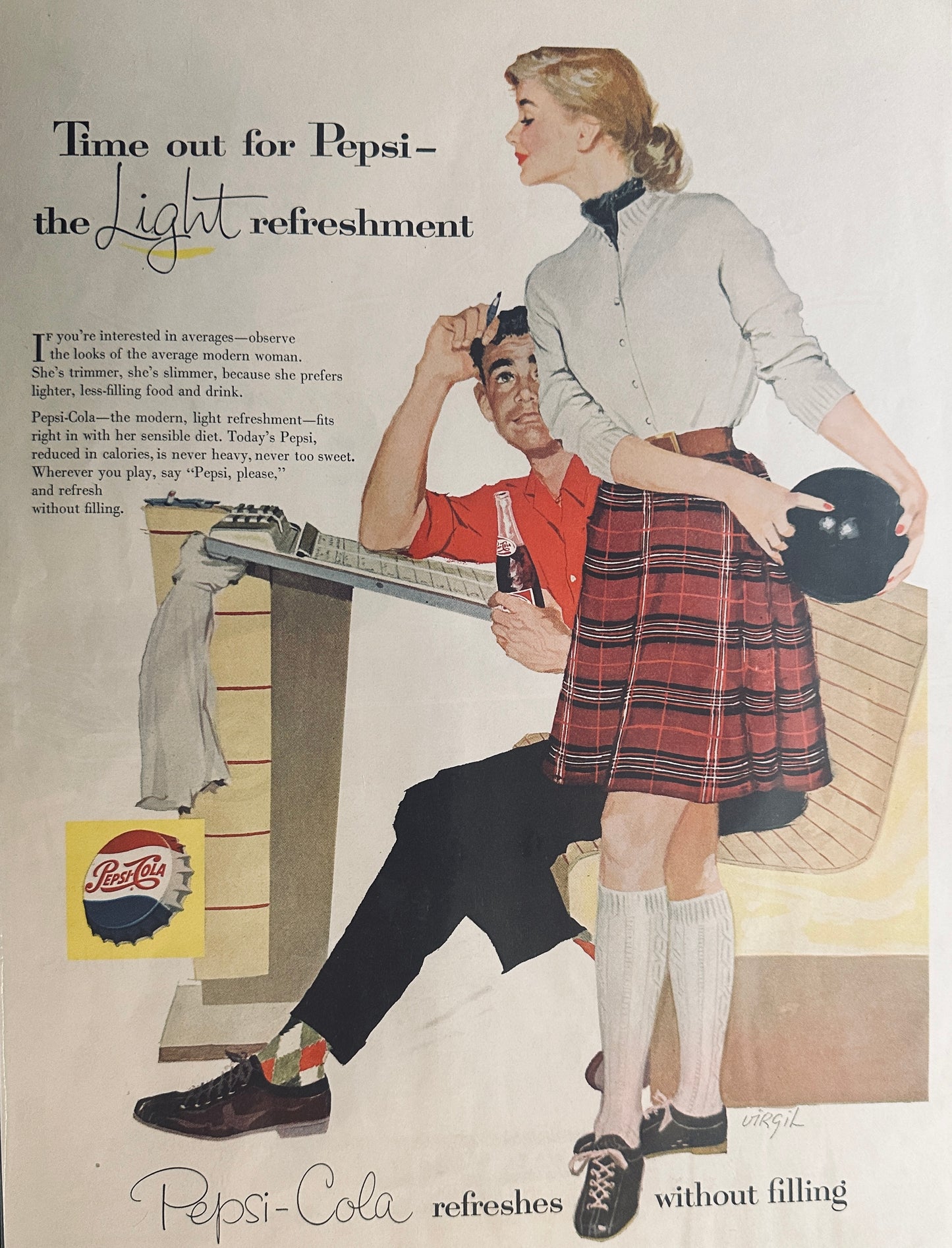 1957 Vintage Pepsi Magazine Ad - Refreshes without filling - Bowling #1723