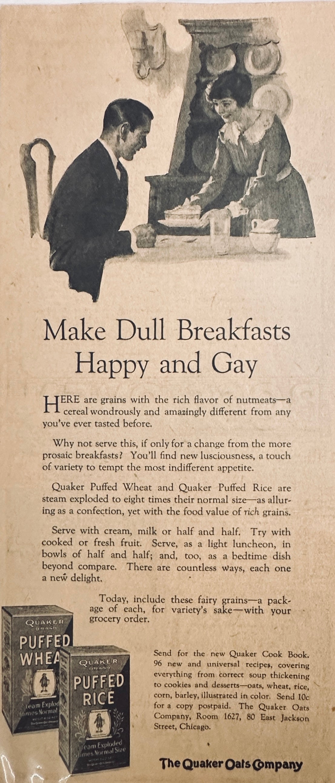 1925 Quaker Oats Puffed Wheat & Puffed Rice Cereals Magazine Ad