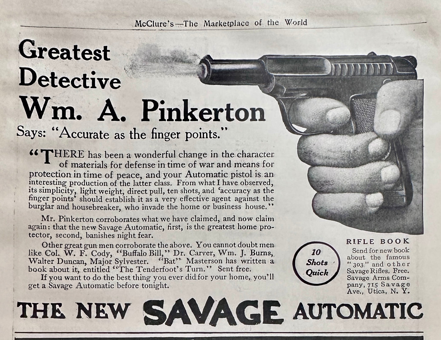 1911 Savage Automatic Pistol Endorsed by Wm. A. Pinkerton Ad #N1395