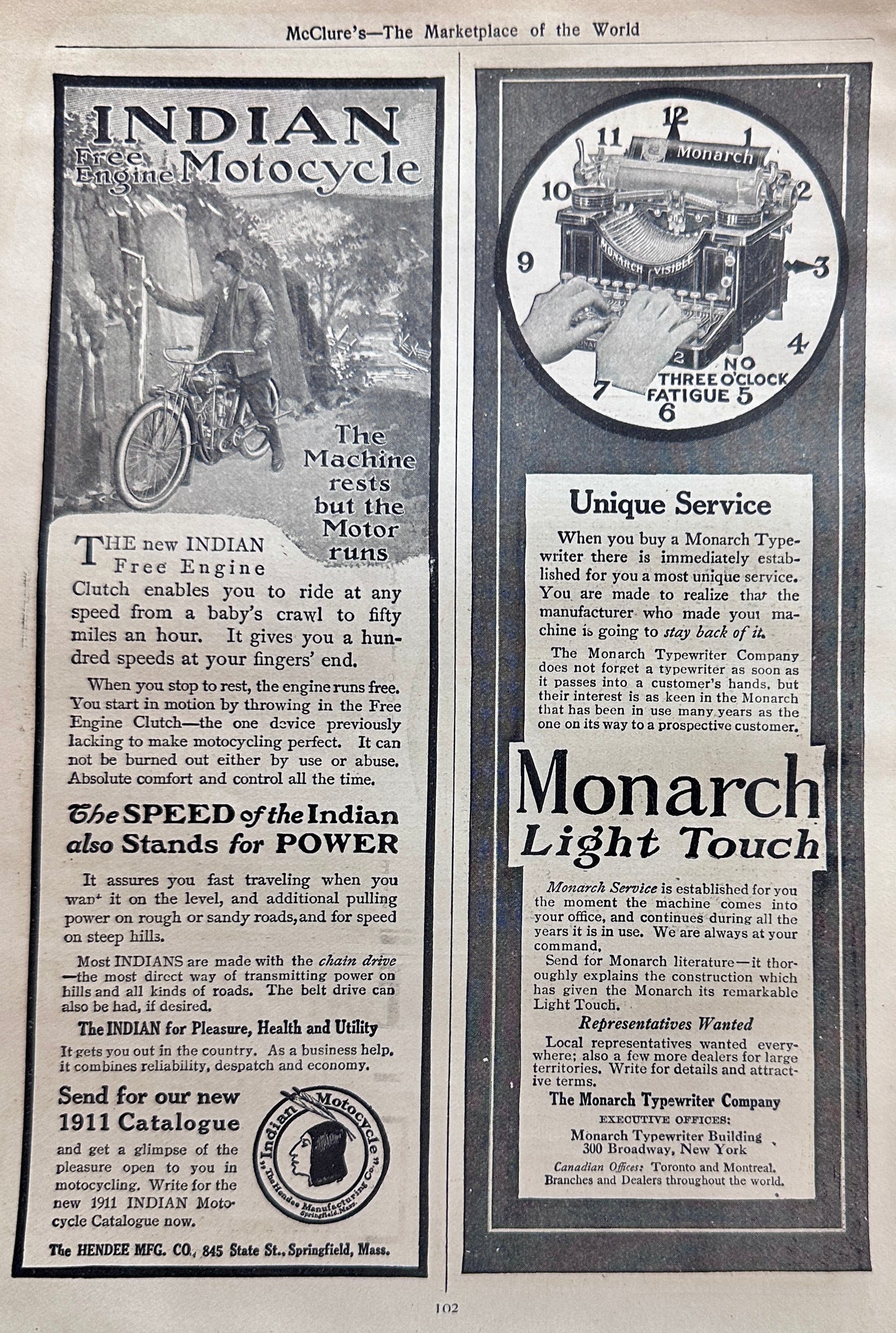 1911 Indian Motorcycle and Monarch Typewriter Ads #N1394
