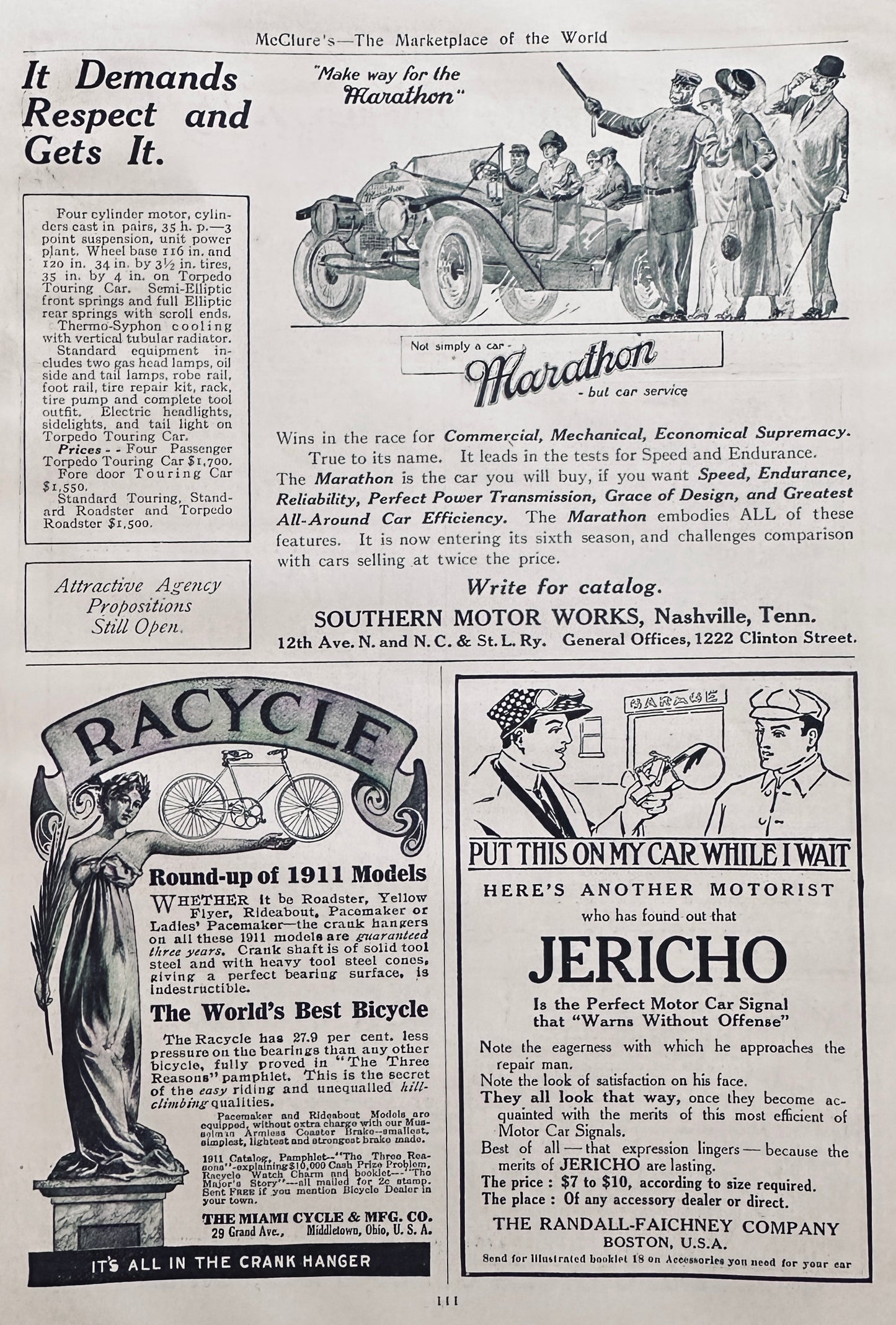 1911 Obscure Auto & Bike Makers - Marathon & RACYCLE Ad #N1393