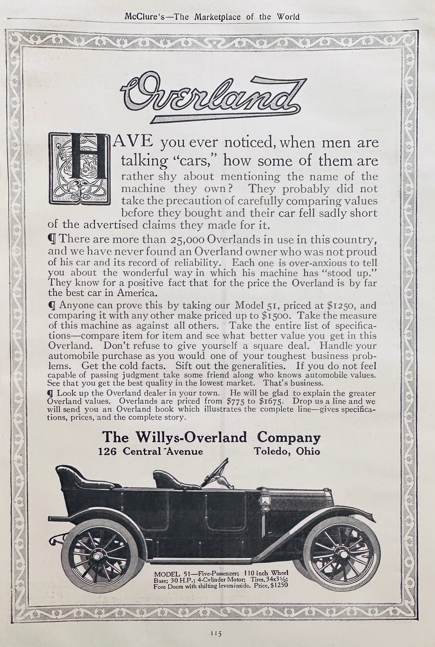 1911 Willys-Overland Model 51, 5 - Passenger Touring Car Ad #N1392