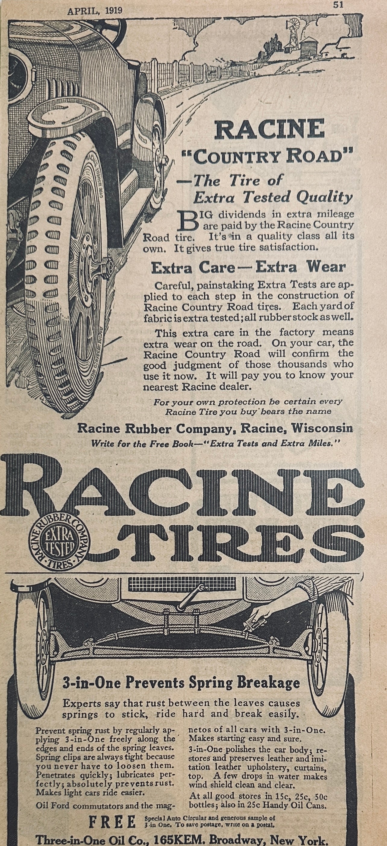 1919 Racine Tires Racine Rubber Co Racine Wisconsin Magazine Ad