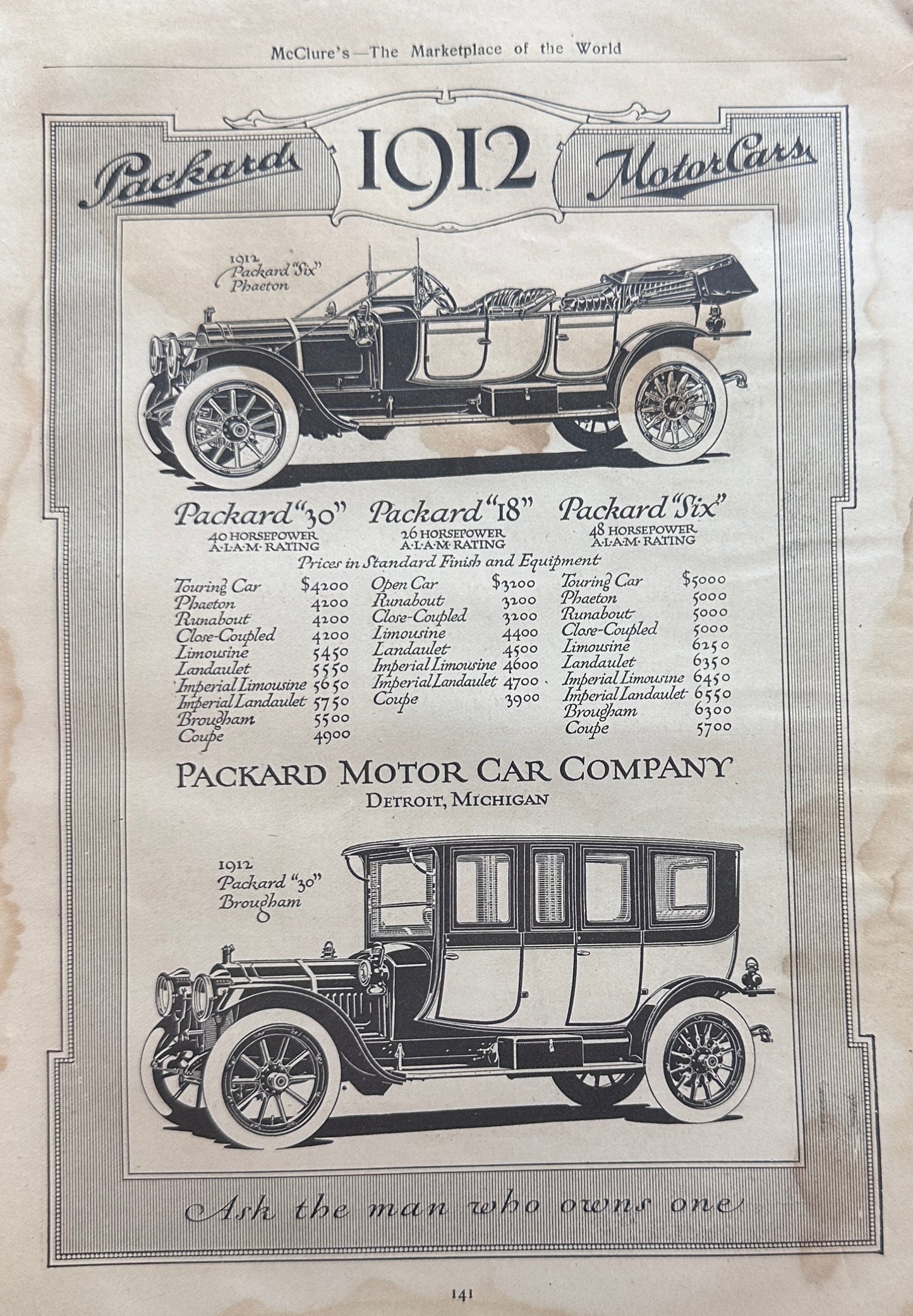 1911 Ad for the 1912 Packard Six Phaeton & "30" Brougham - Ad #N1386