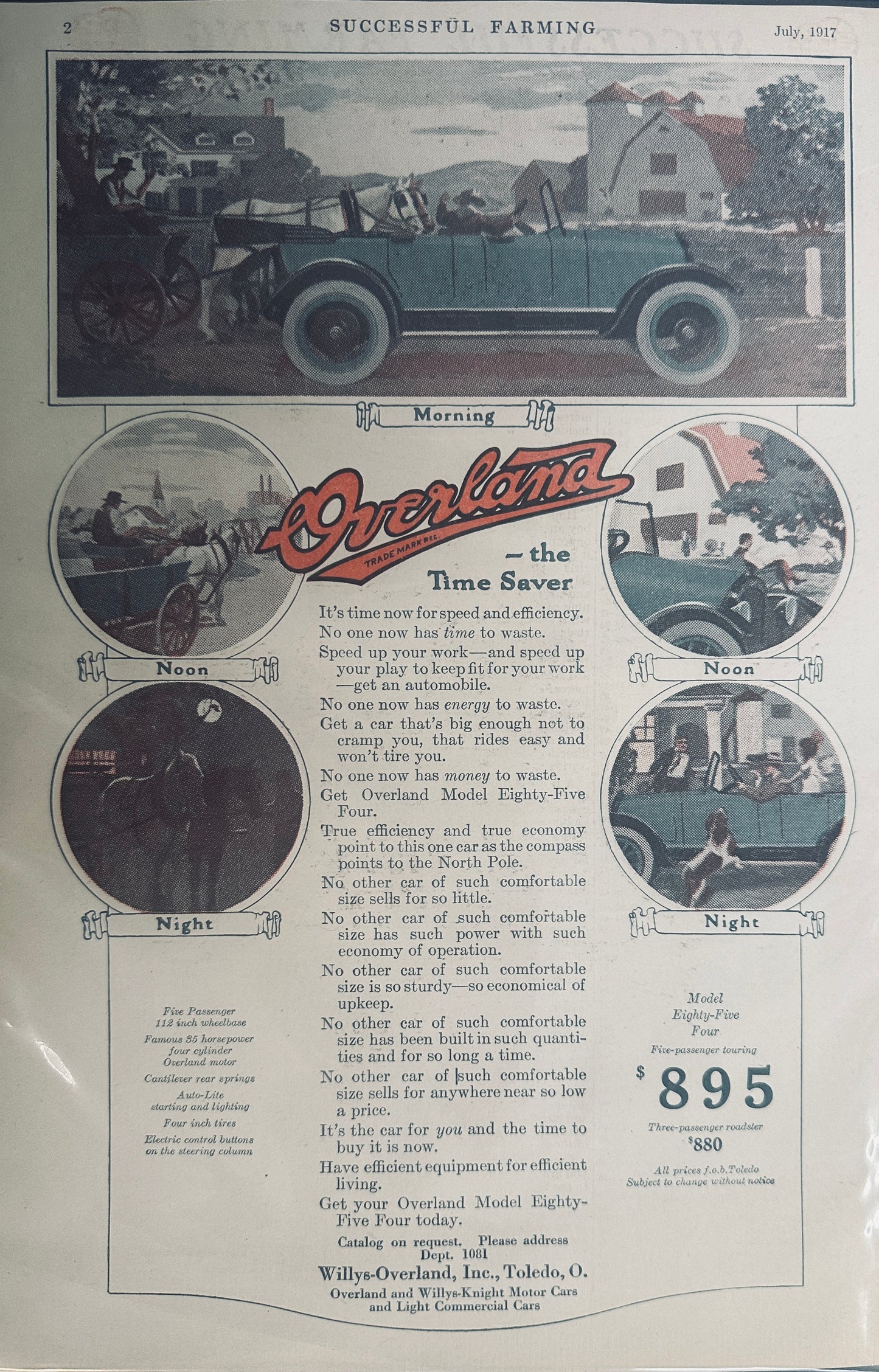 1917 Extremely Rare Color Full Page Overland Model Eighty-Five Four Magazine Ad