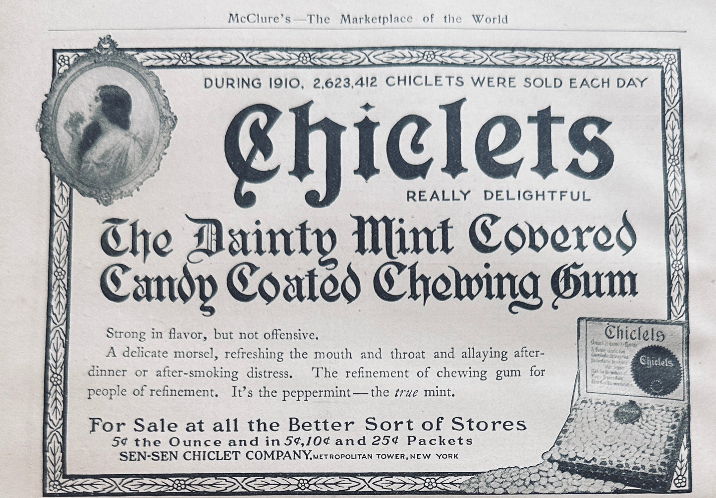 1911 Chiclets Mint Covered Candy Coated Chewing Gum Ad #N1377