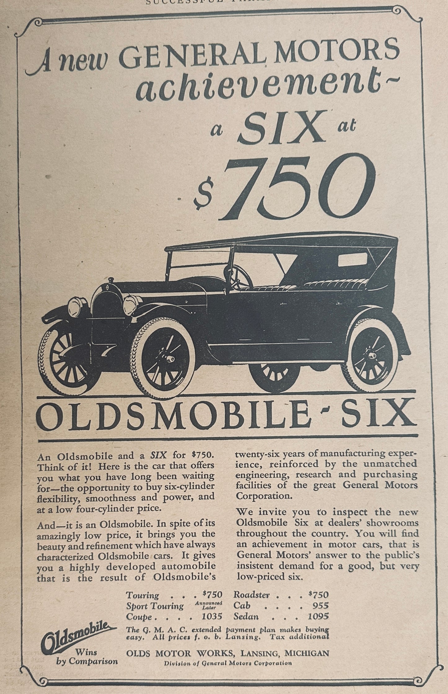1922 Oldsmobile ~ Six at $750 - Magazine Ad