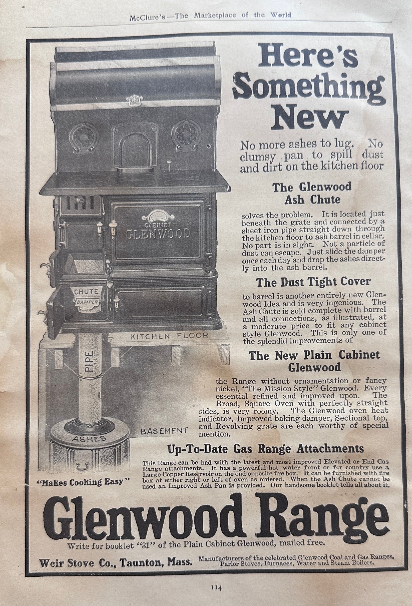 1911 Mott's Plumbing - Iron Works & Glenwood Wood Burning Range Ad #N1370