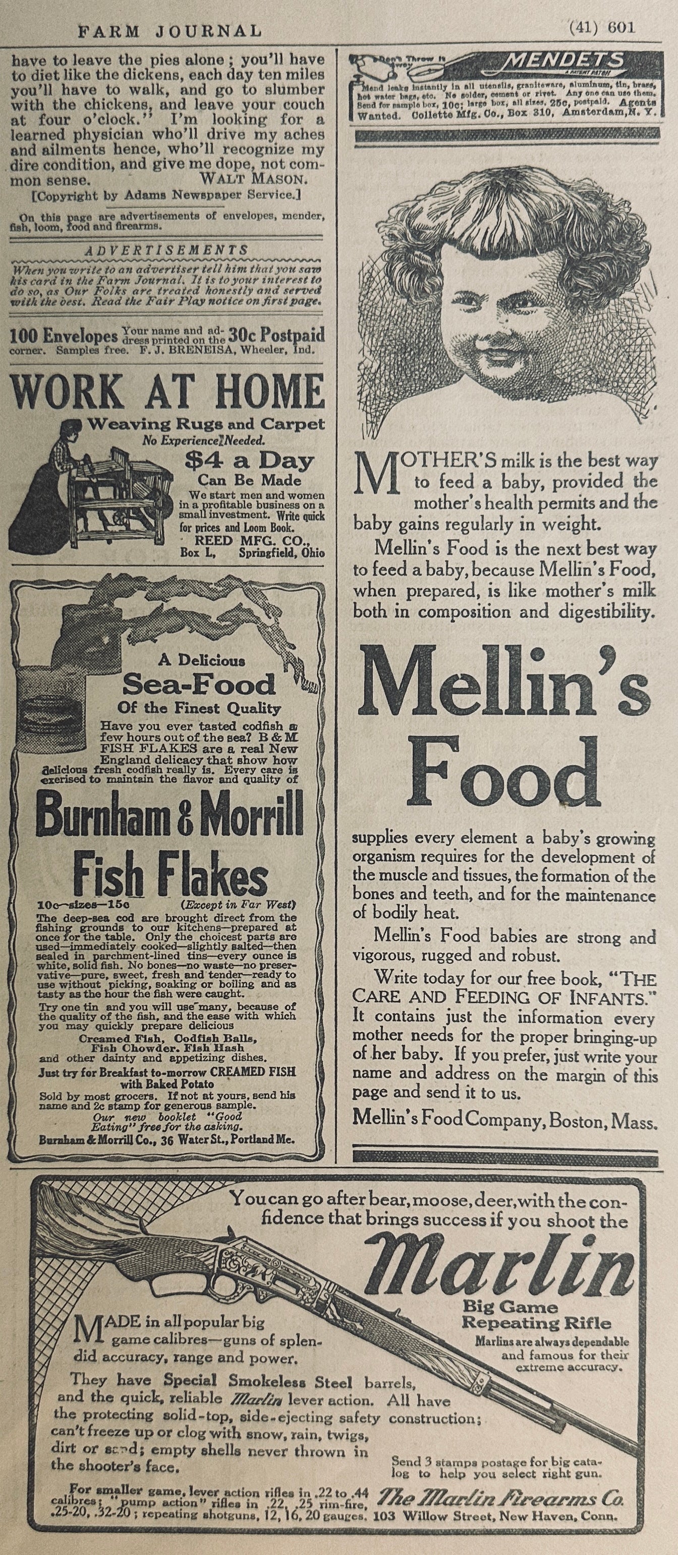 1915 Miscellaneous Magazine Ads, Mellin's Food, Marlin Rifle, Gold Dust Powder