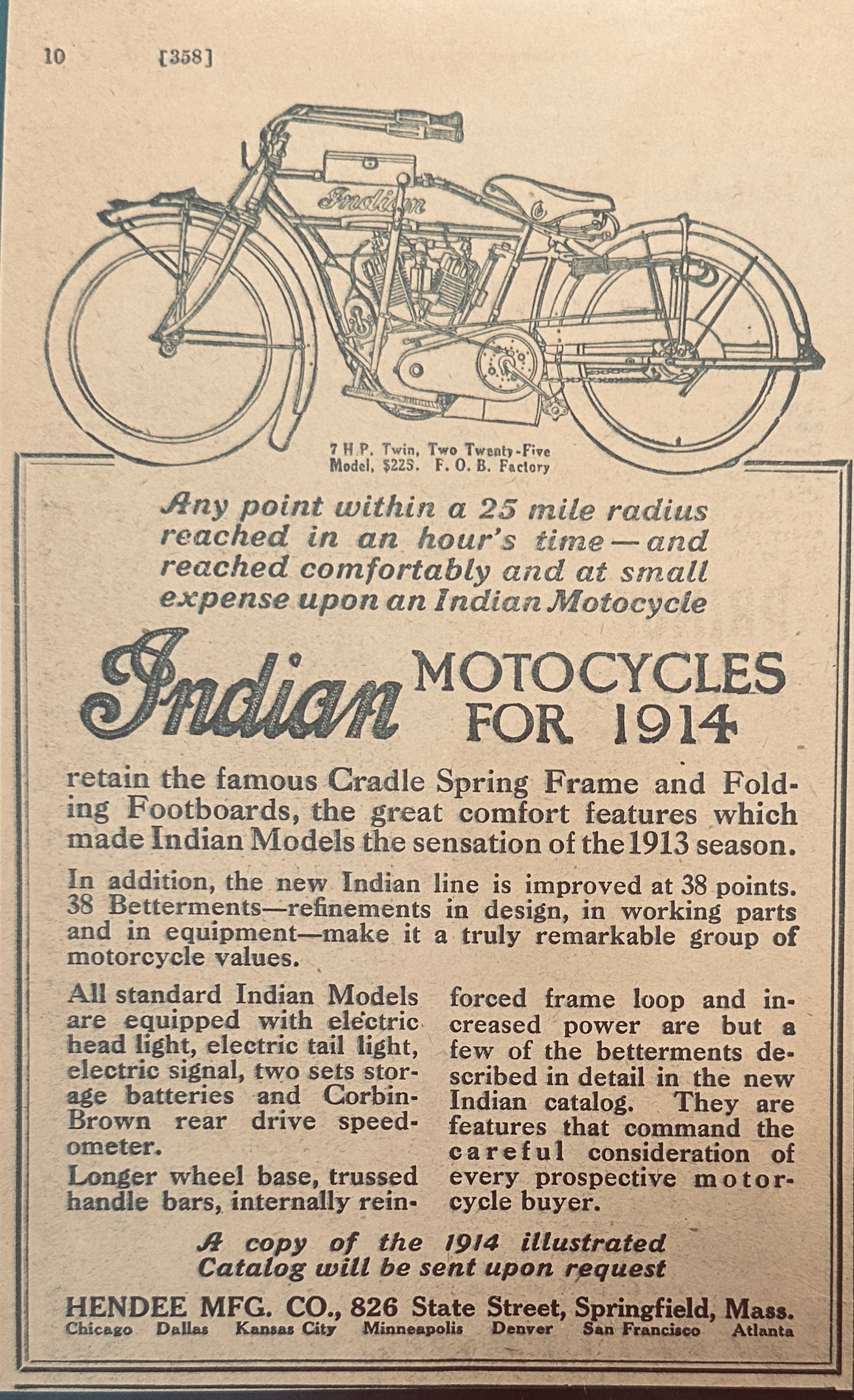 1914 Indian 7HP Two Twenty Five Motorcycle - Original Magazine Ad