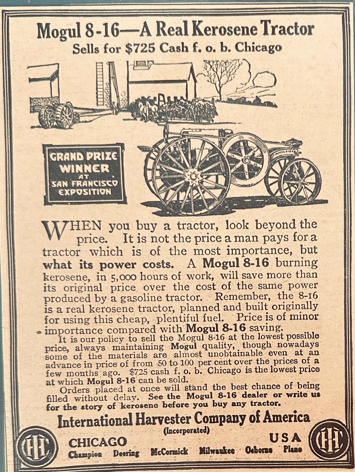 1910 - 1919 International Harvester Mogul 8-16 Kerosene Tractor Magazine Ad