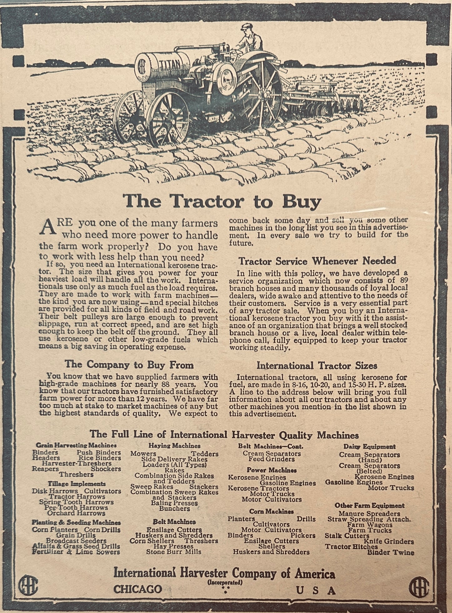 1919 International Harvester Titan Tractor & Implements Magazine Ad