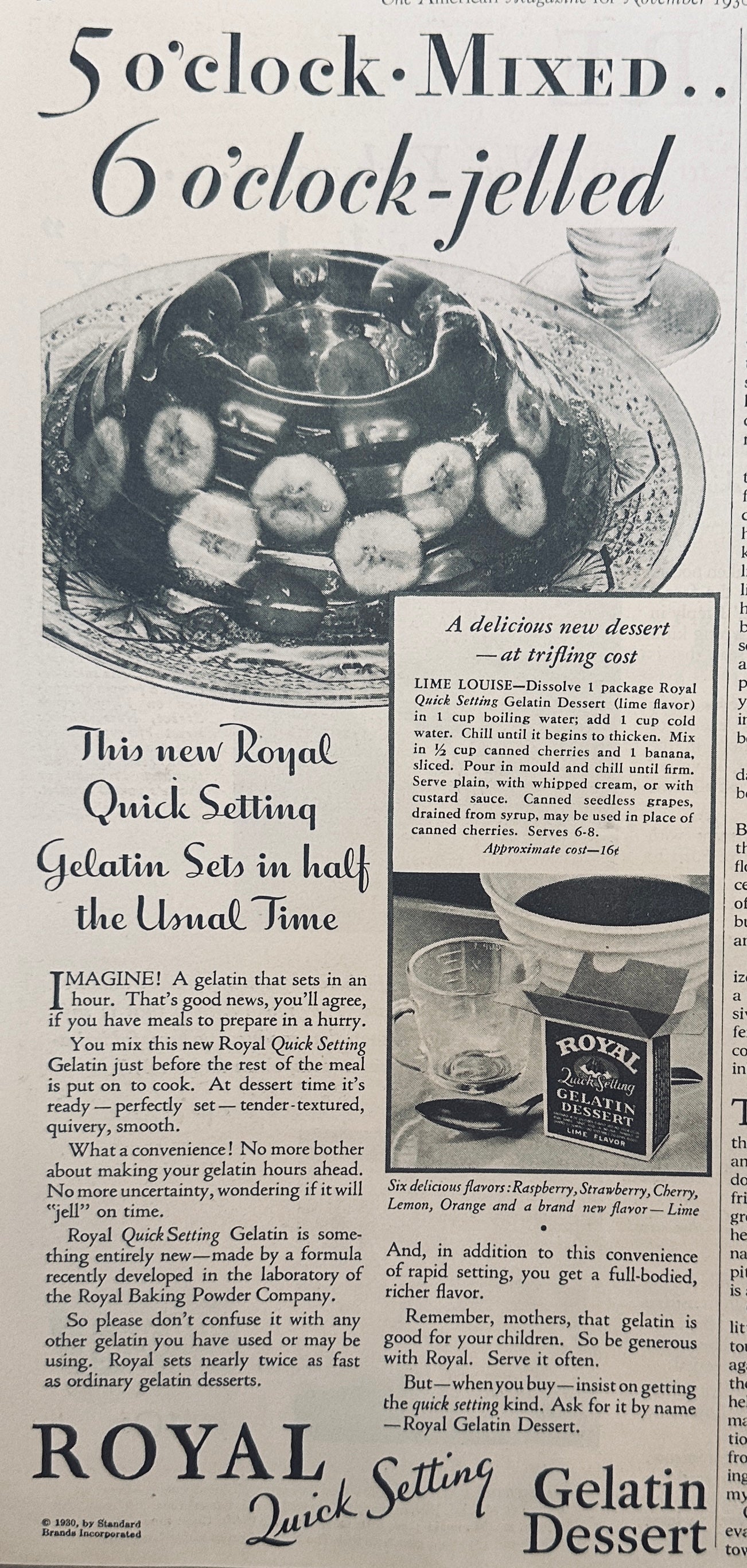 1930 Royal Gelatin Dessert Magazine Ad & Recipe