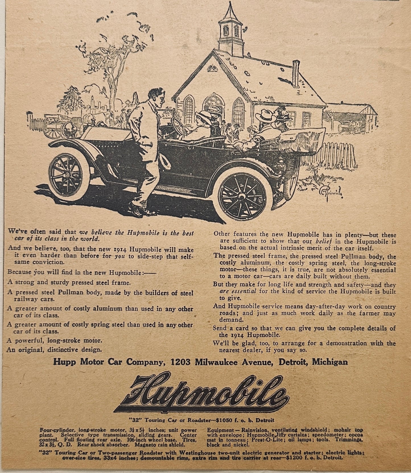 1913 Hupmobile "32" Touring Car or Roadster Magazine Ad