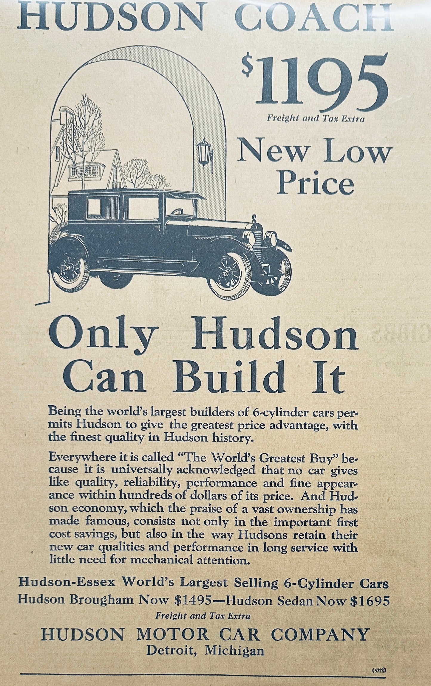 1925 Hudson Coach Motorcar Magazine Ad New Low Price $1195