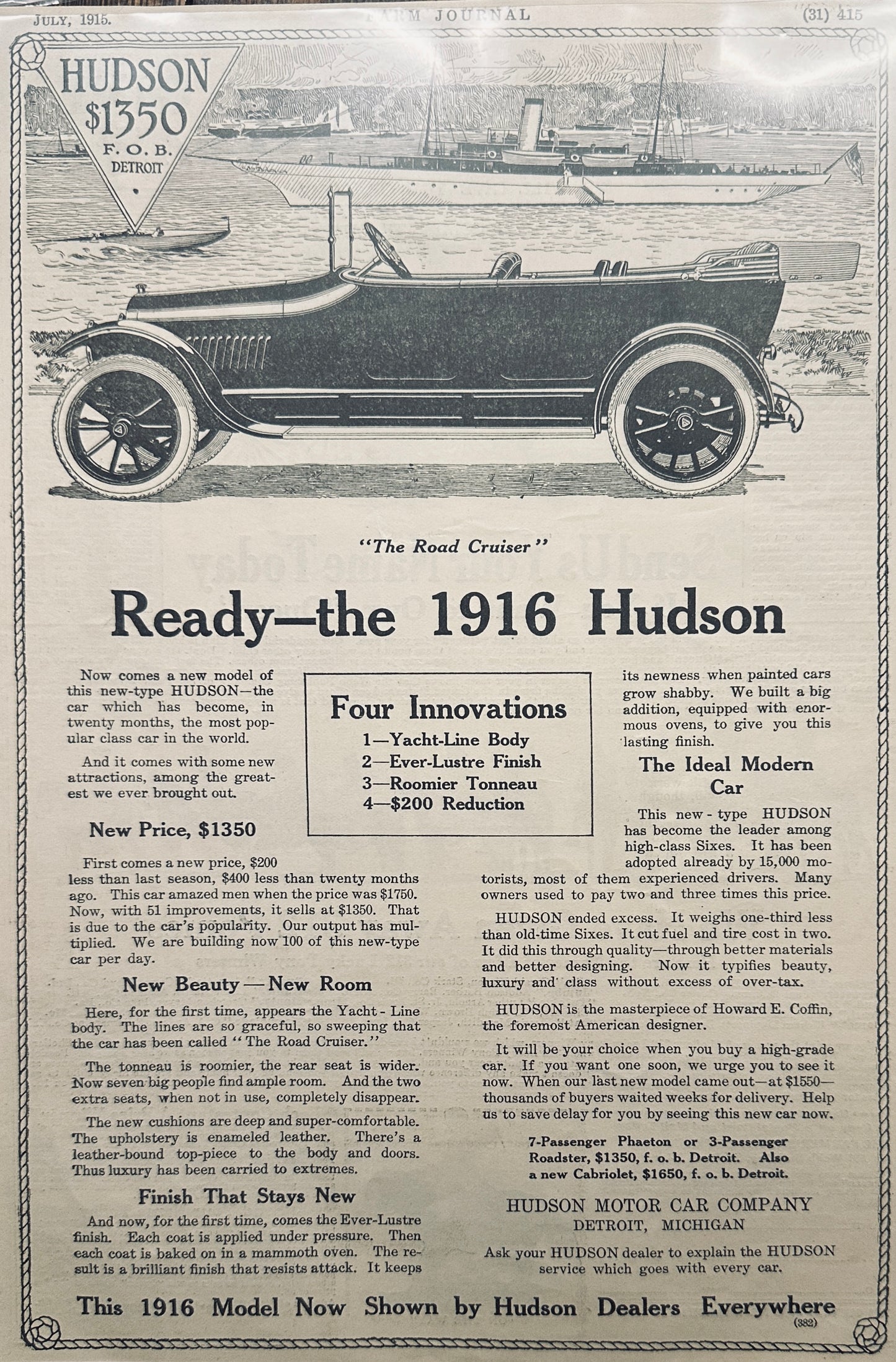 1916 Ready - the 1916 Hudson "the Road Cruiser" Magazine Ad