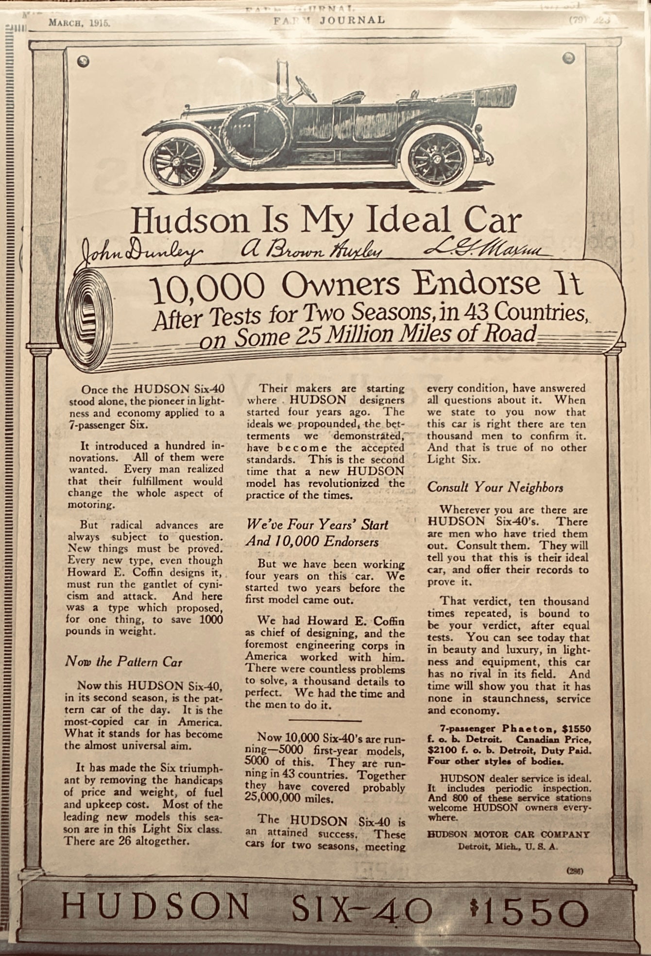 1915 Lot of (5) Unique Hudson Automobile Ads + (1) Maxwell Ad #A151-1-2-3-4-5