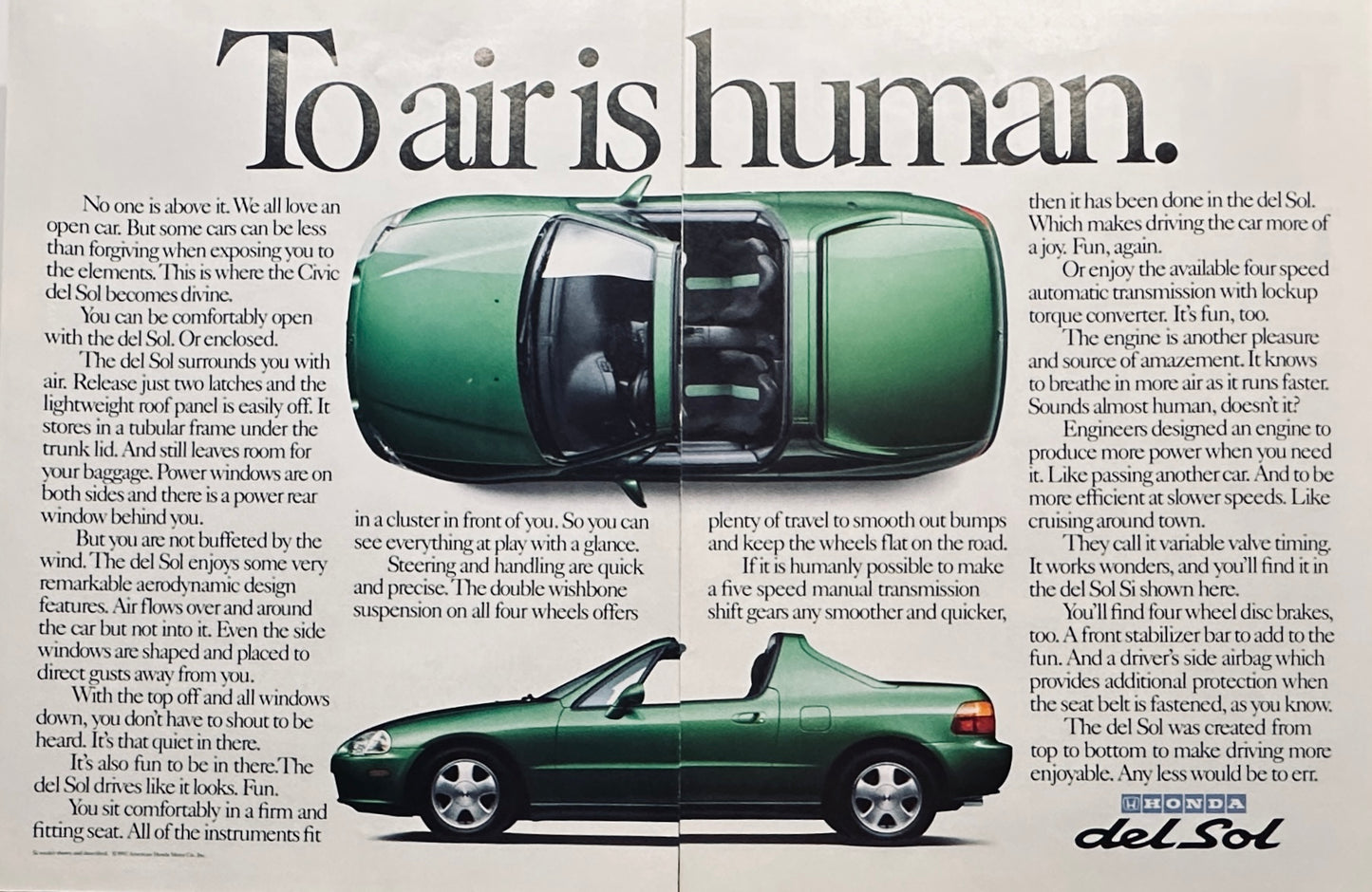 1992 Green Honda del Sol 2-Page 11 x 17" Magazine Ad #A150