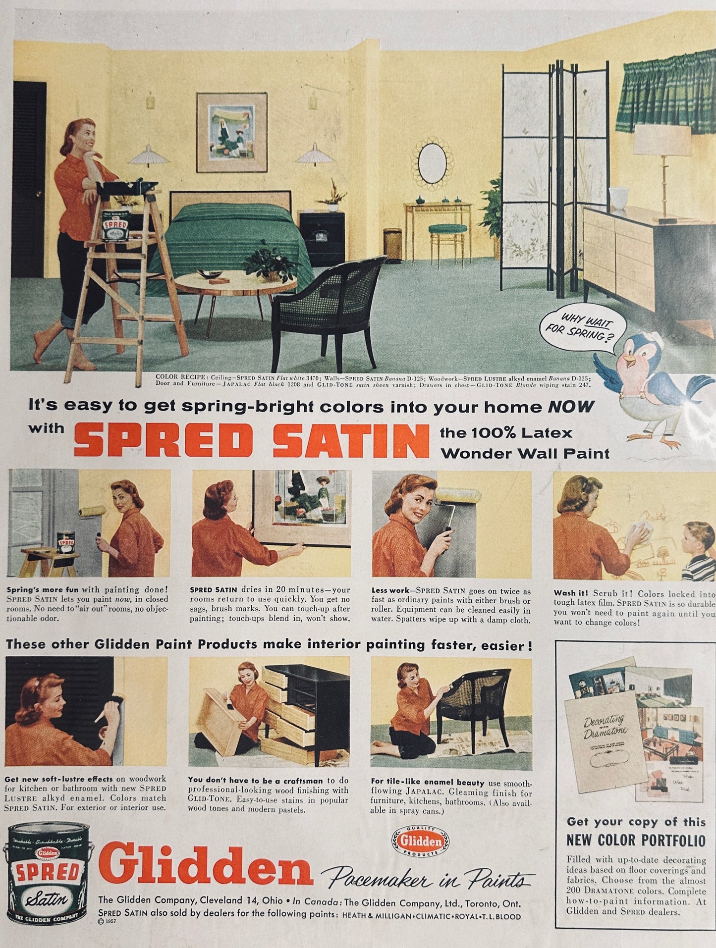1957 Glidden Paints - Pacemaker in Paints - Yellow Spread Satin - Magazine Ad #1726