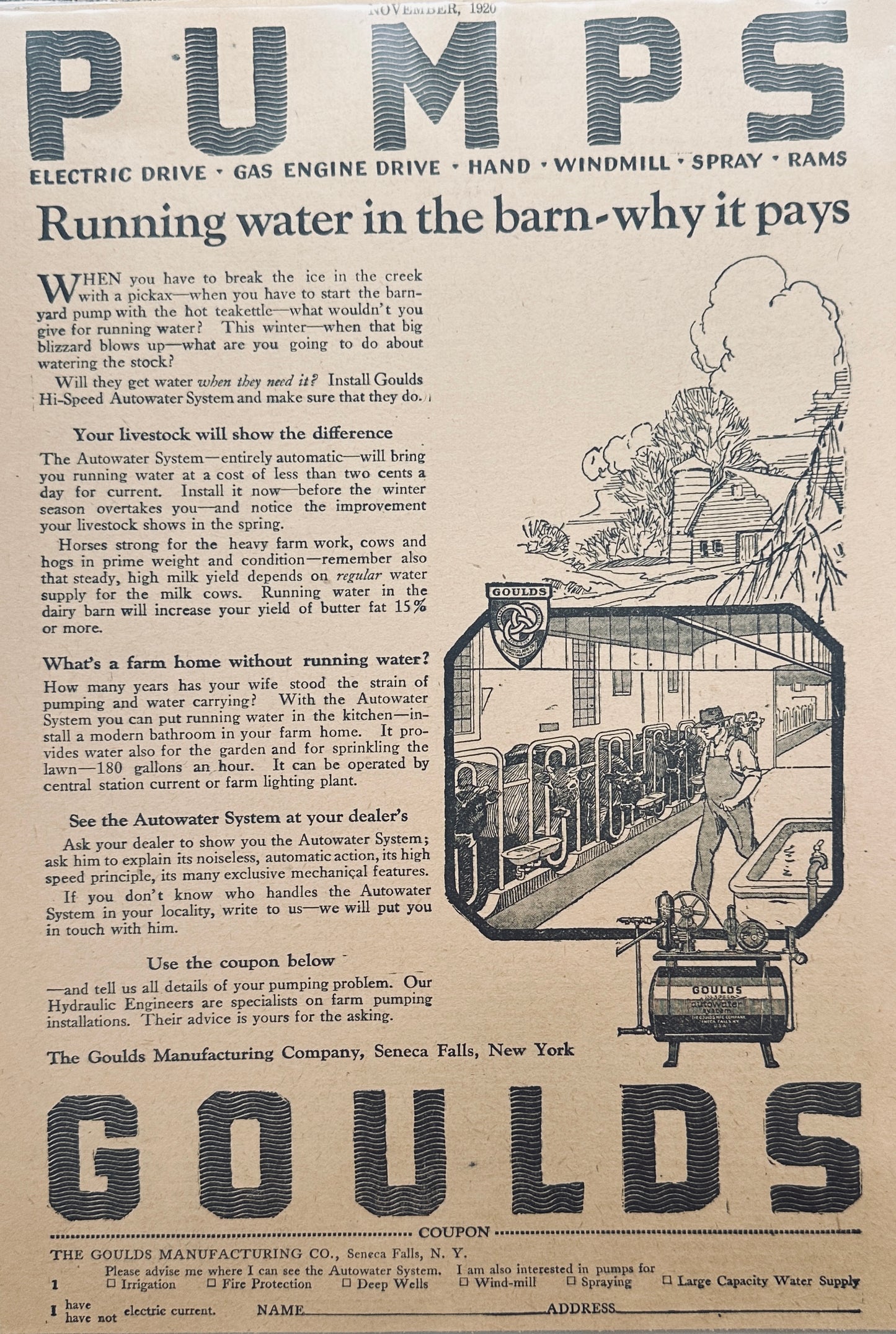 1920 Goulds Pumps Running Water In The Barn Magazine Ad