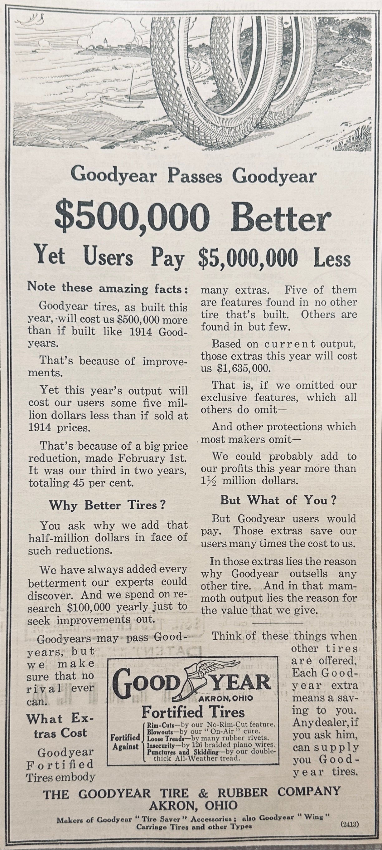 1915 Goodyear Automotive Tires $500,000 Better Magazine Ad