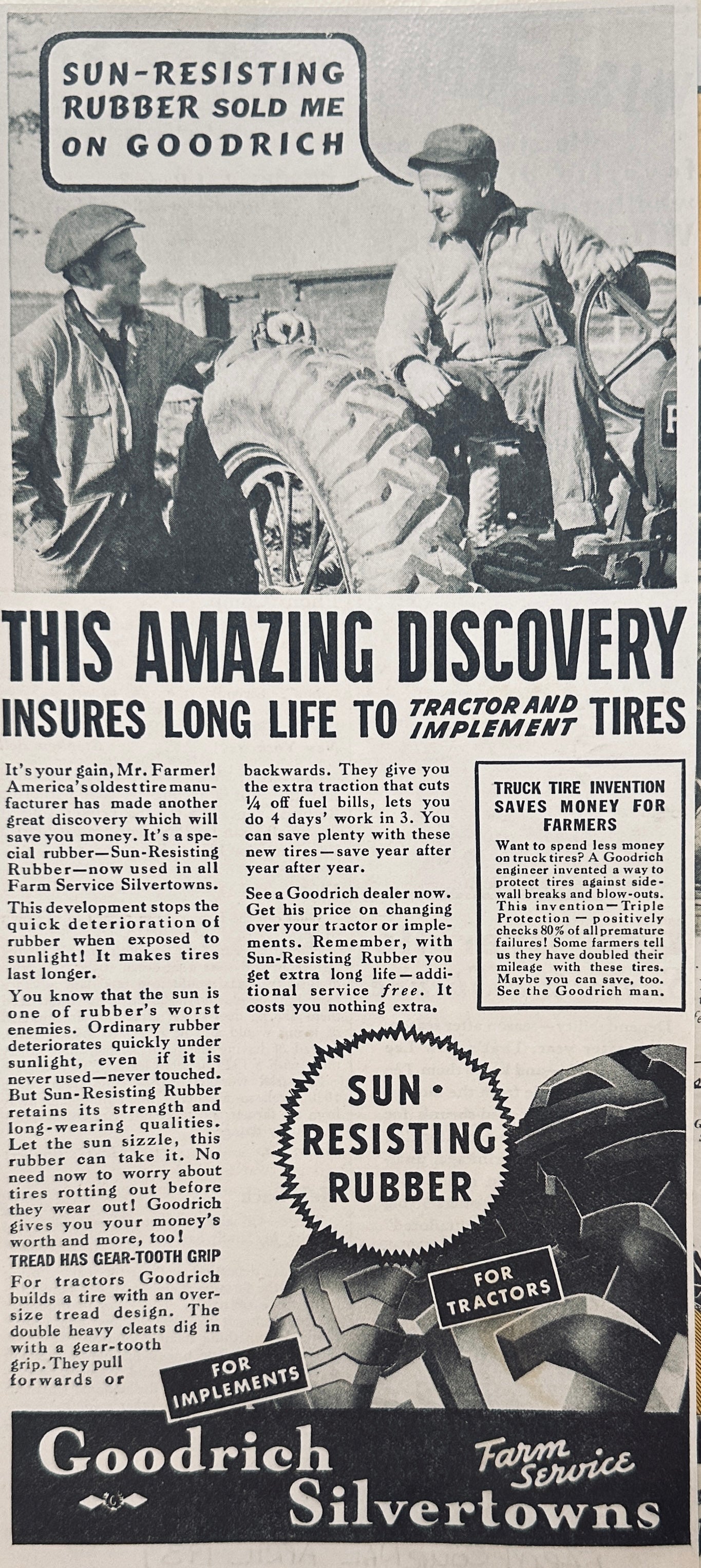 1937 BF Goodrich Sun Resisting Tractor Tires Magazine Ad