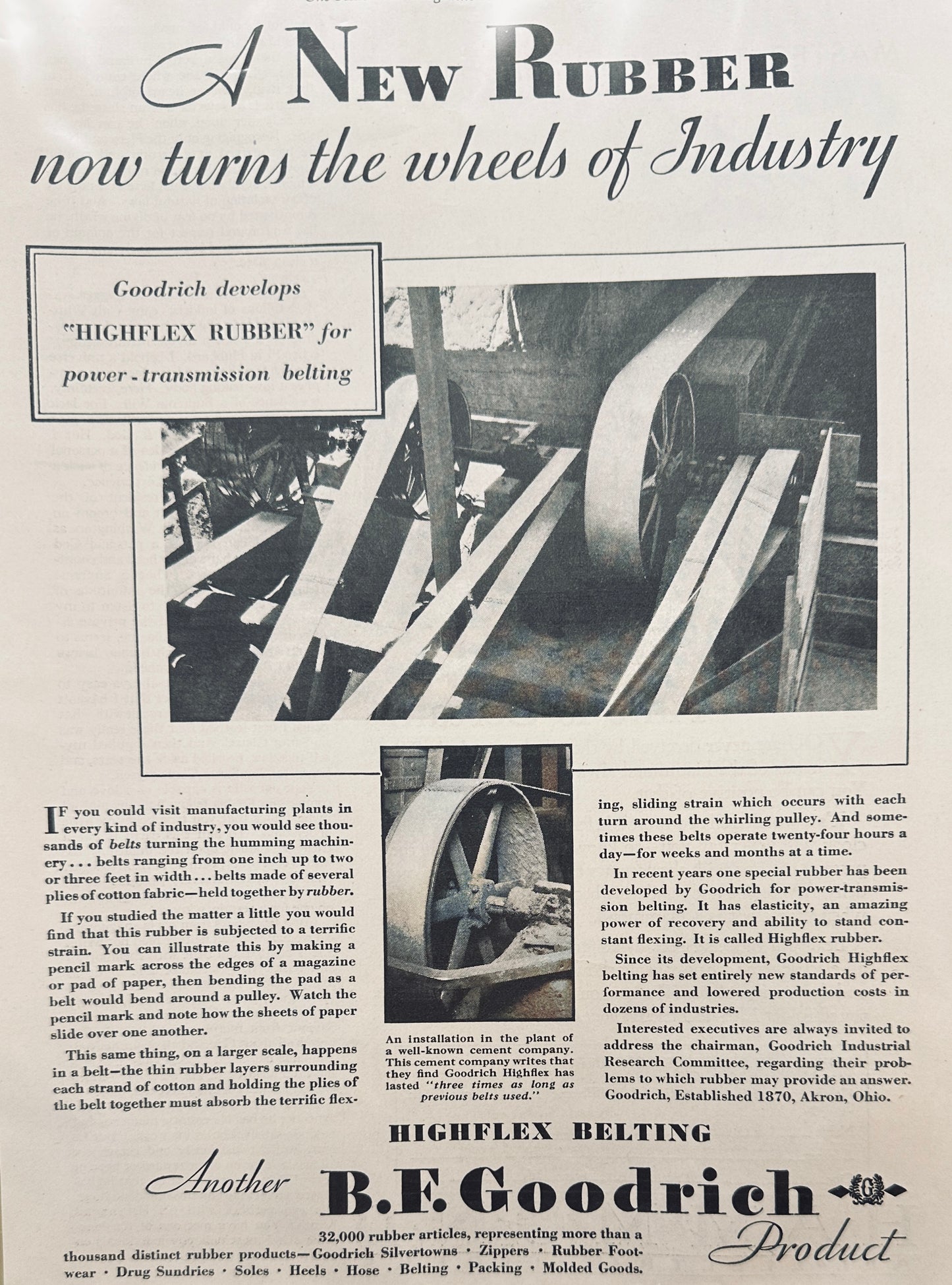1930 BF Goodrich High Flex Rubber Belting & Hammond All Electric Clock Magazine Ad