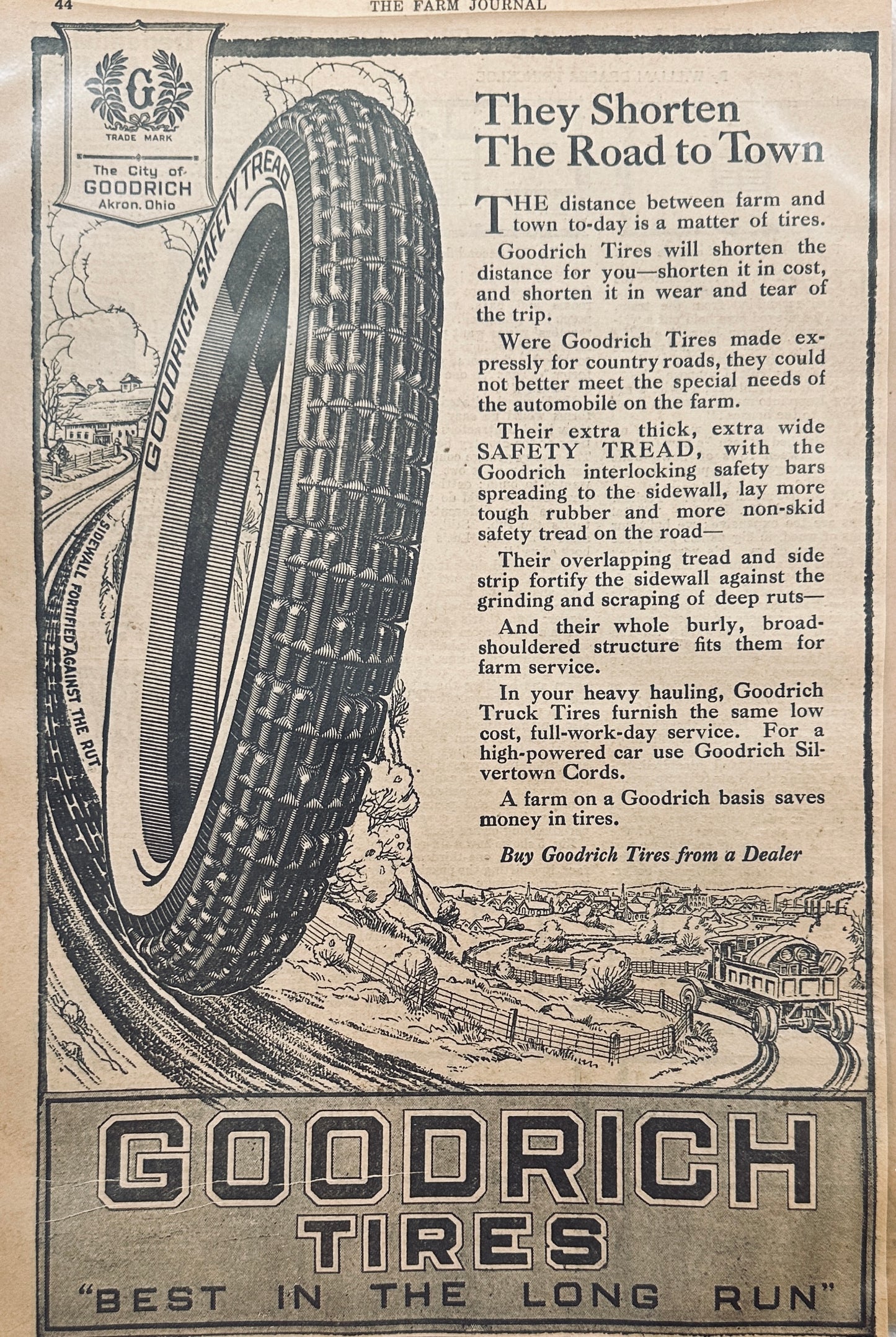 1919 BF GOODRICH Tires They Shorten the Road to Town - Magazine Ad