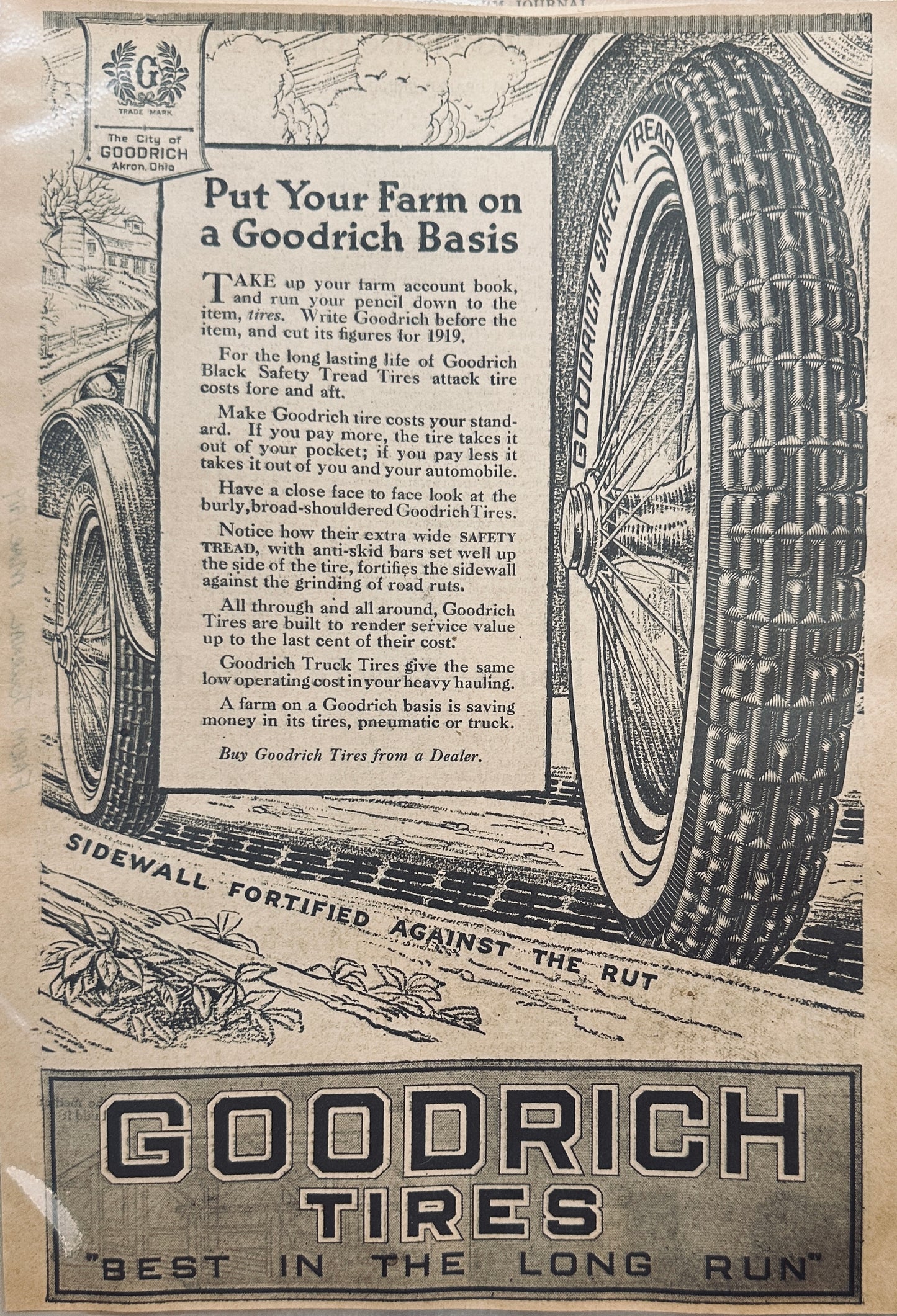 1919 BF Goodrich Tires Put your Farm of Goodrich Basis Magazine Ad