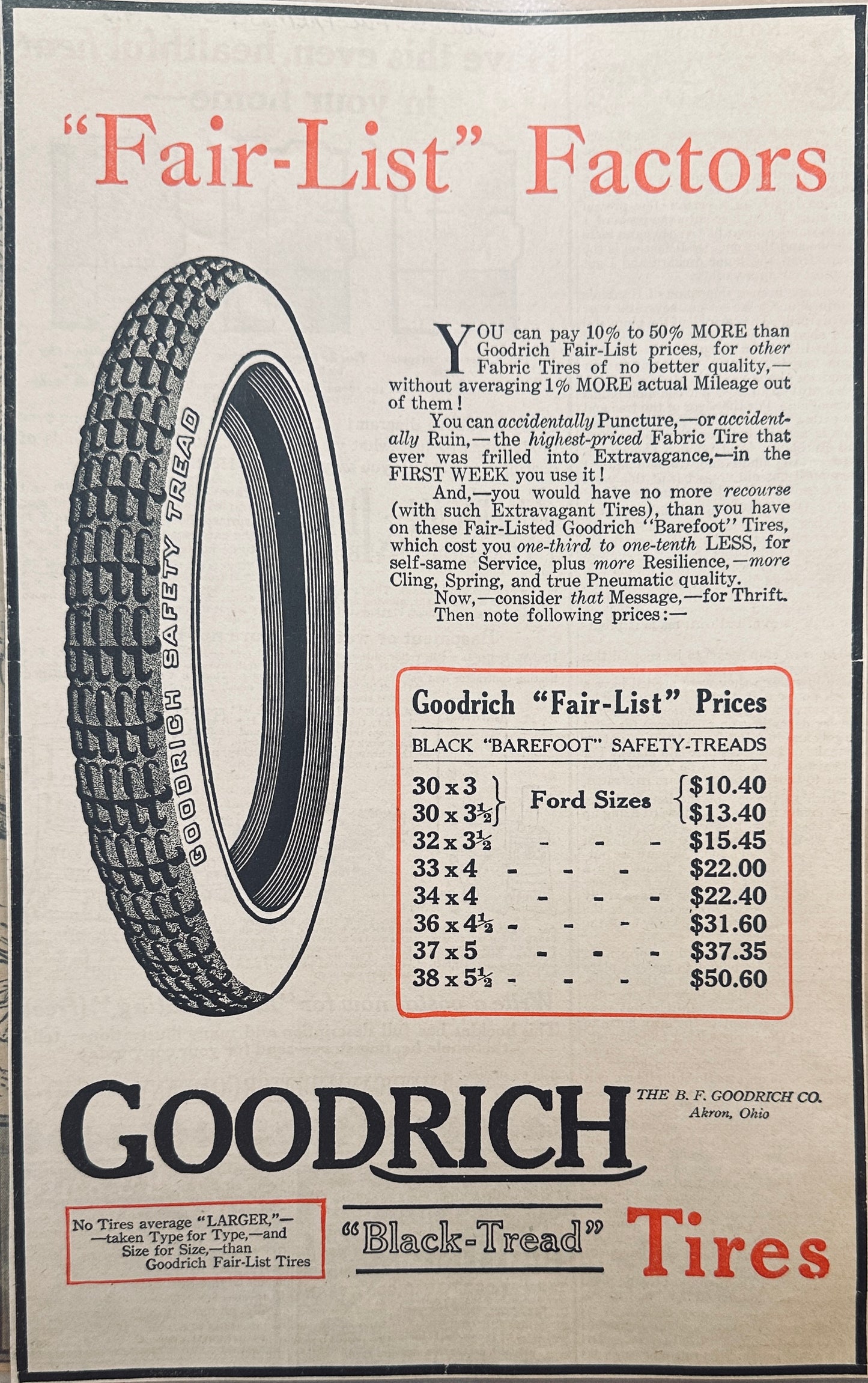 1916 BF Goodrich Tires "Fair-List Factors" Magazine Ad Ford Sizes