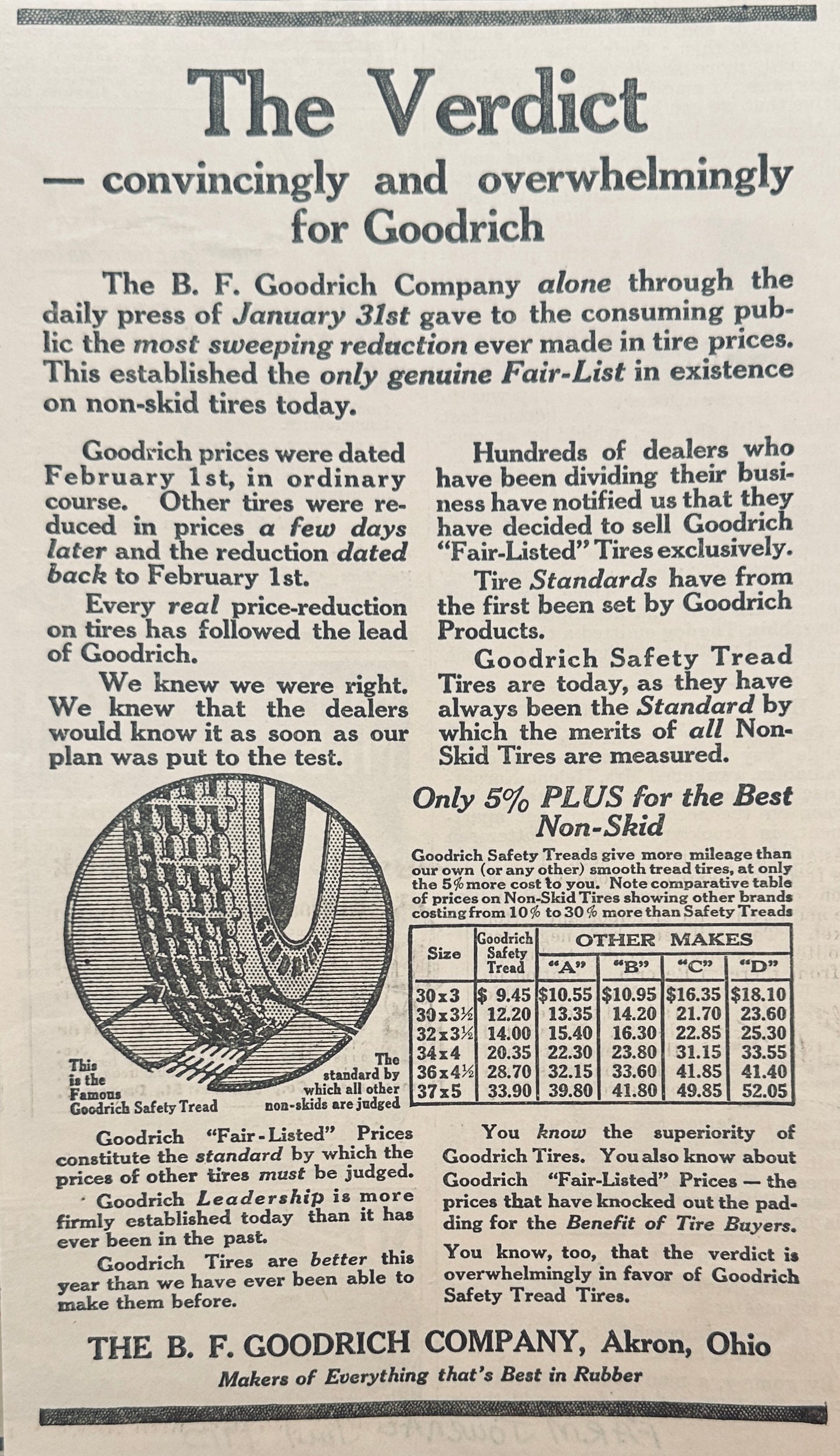 1915 BF Goodrich The Verdict Non-skid Automotive Tire Magazine Ad
