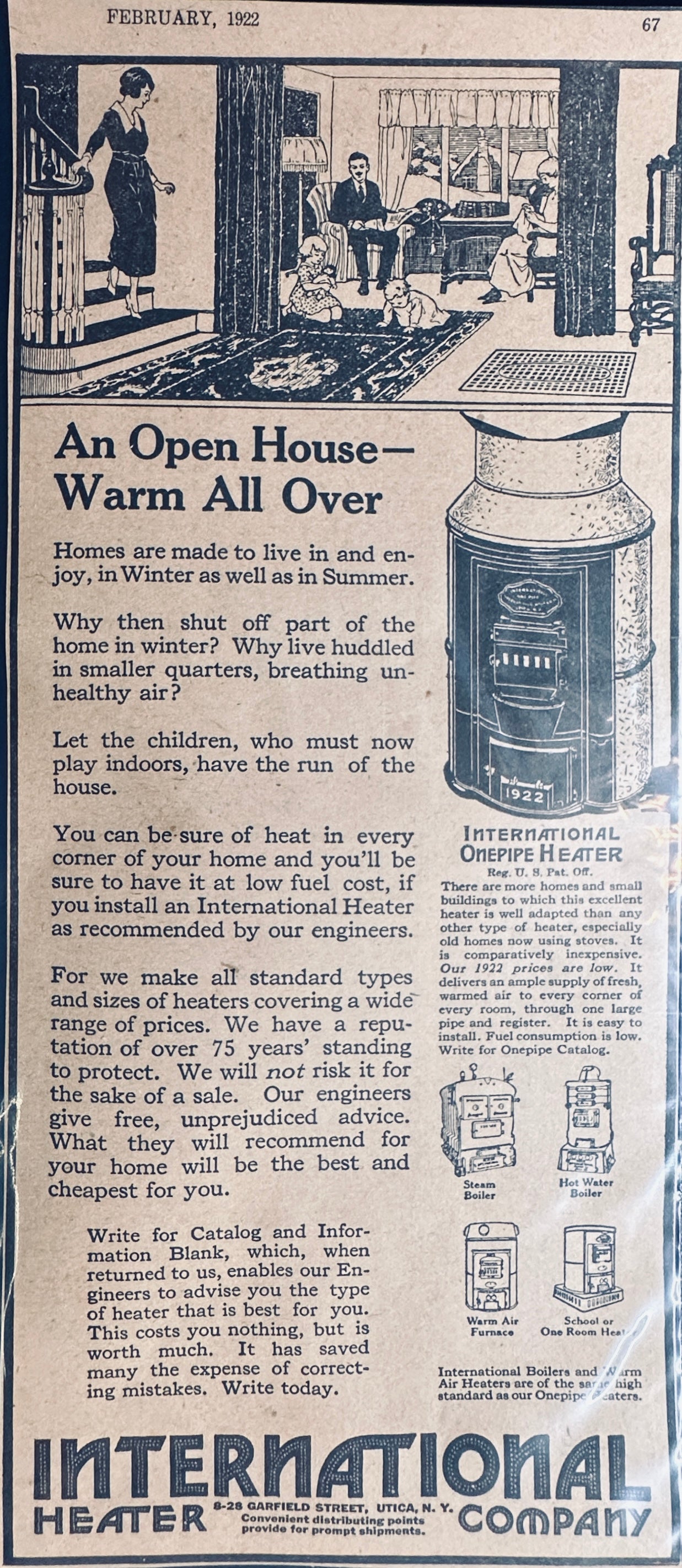 1922 International Onepipe Heater Promotional Magazine Ad