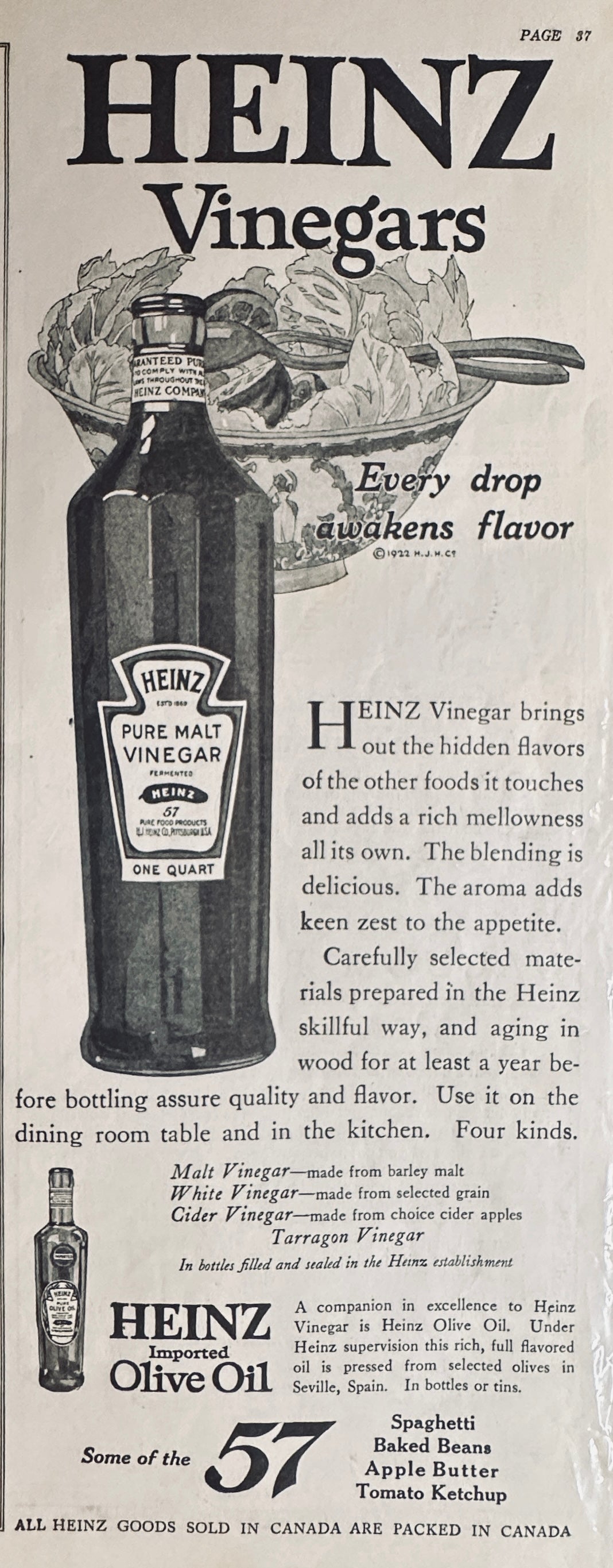 1922 Heinz Vinegars - 4 varieties - + Icy-Hot Thermos - Magazine Ad