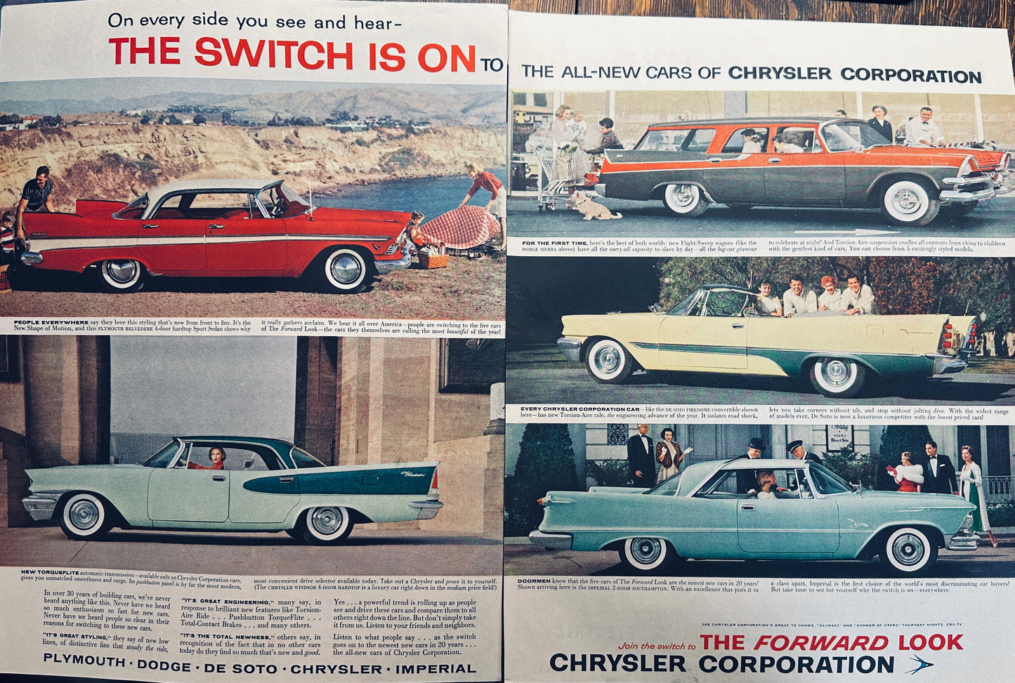 1957 2-Page Chrysler Brands - Dodge, Desoto, Chrysler, Plymouth - 5 Models - Ad 76-1