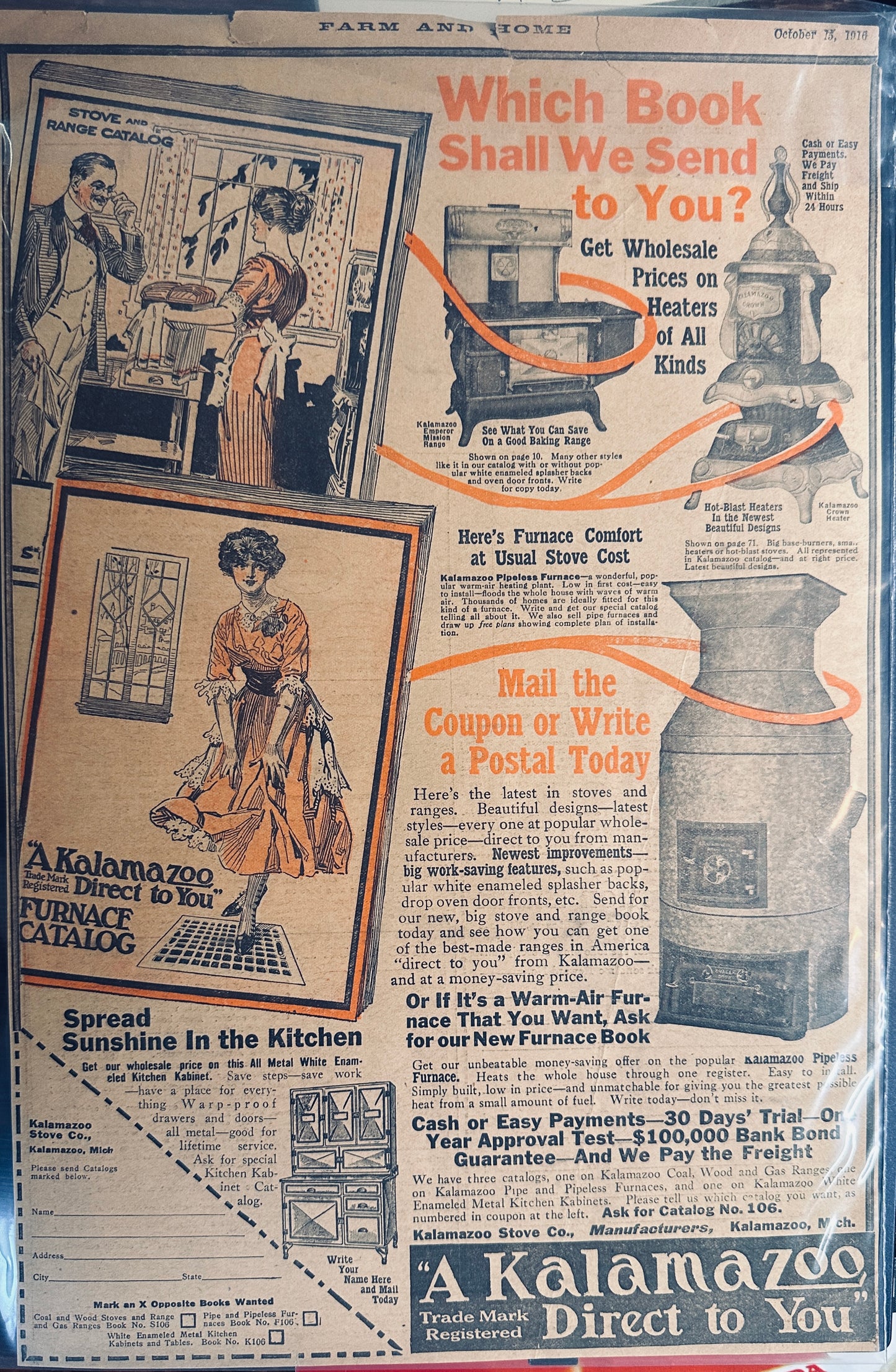 1916 Kalamazoo Pot Belly Stove, Range & Pipeless Furnace Magazine Ad