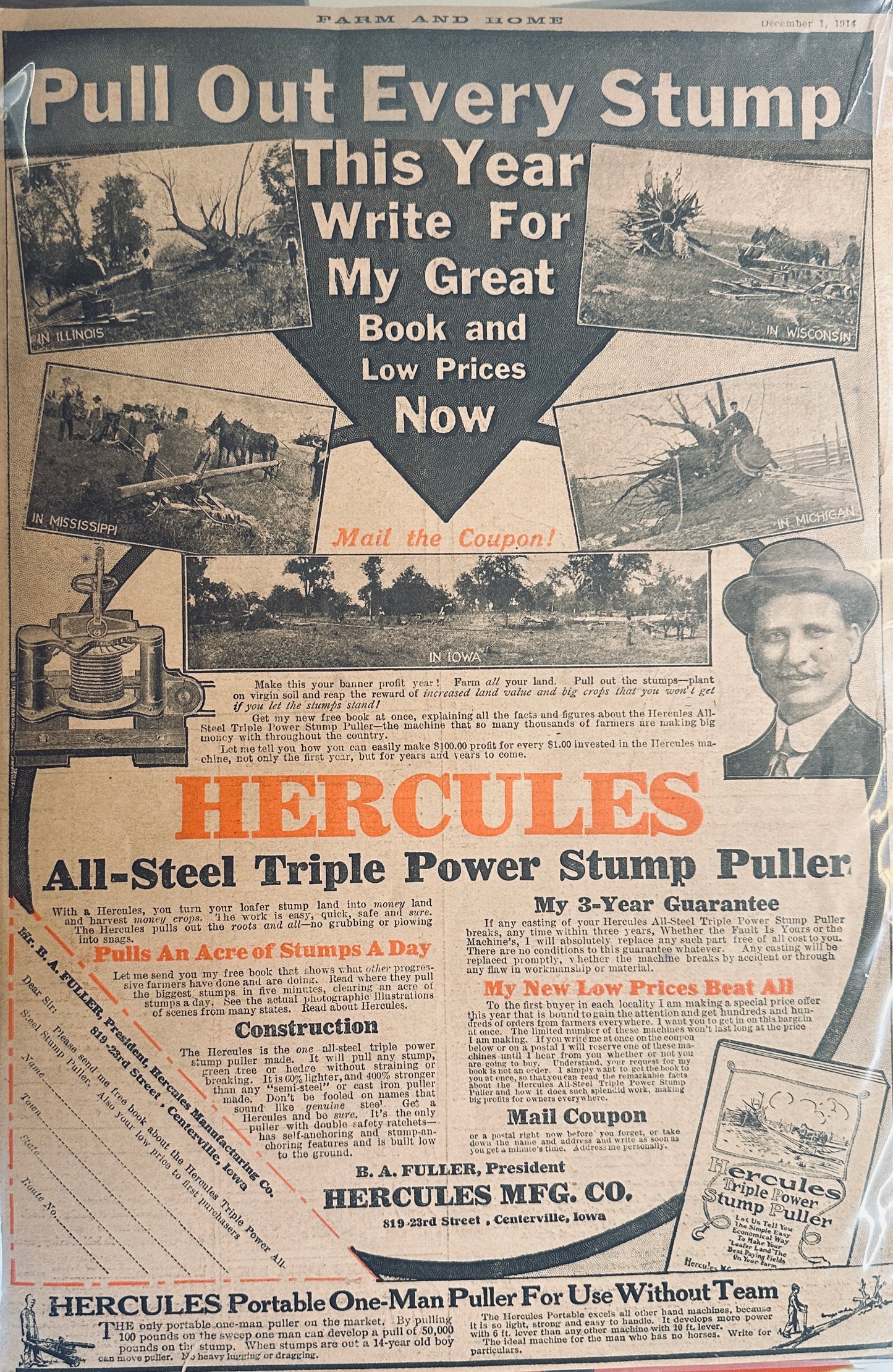 1914 Hercules Triple Power Stump Puller Promotional Ad