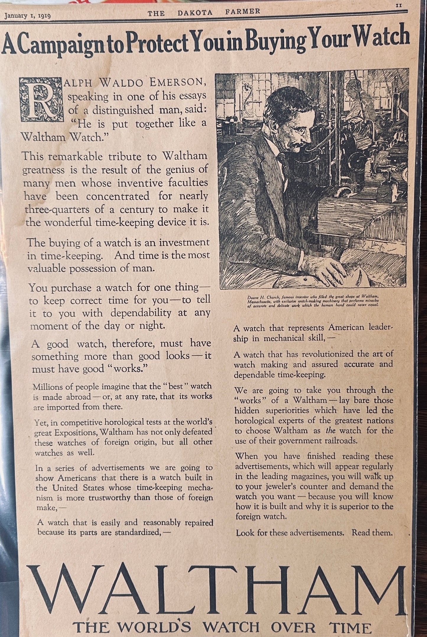 1919 Waltham Watch - A Campaign to Protect - Magazine Ad