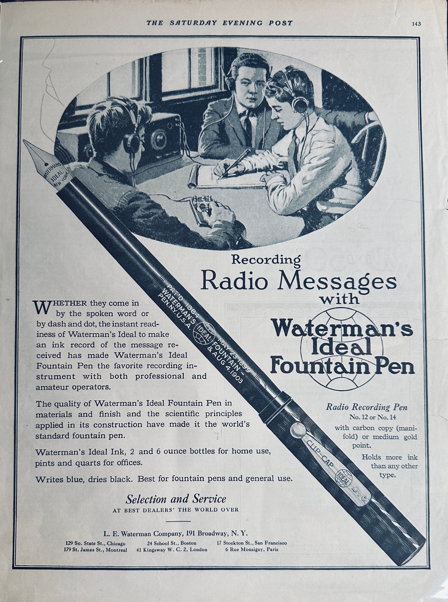 1922 Waterman's Ideal Fountain Pen - Radio Recording Pen - Magazine Ad