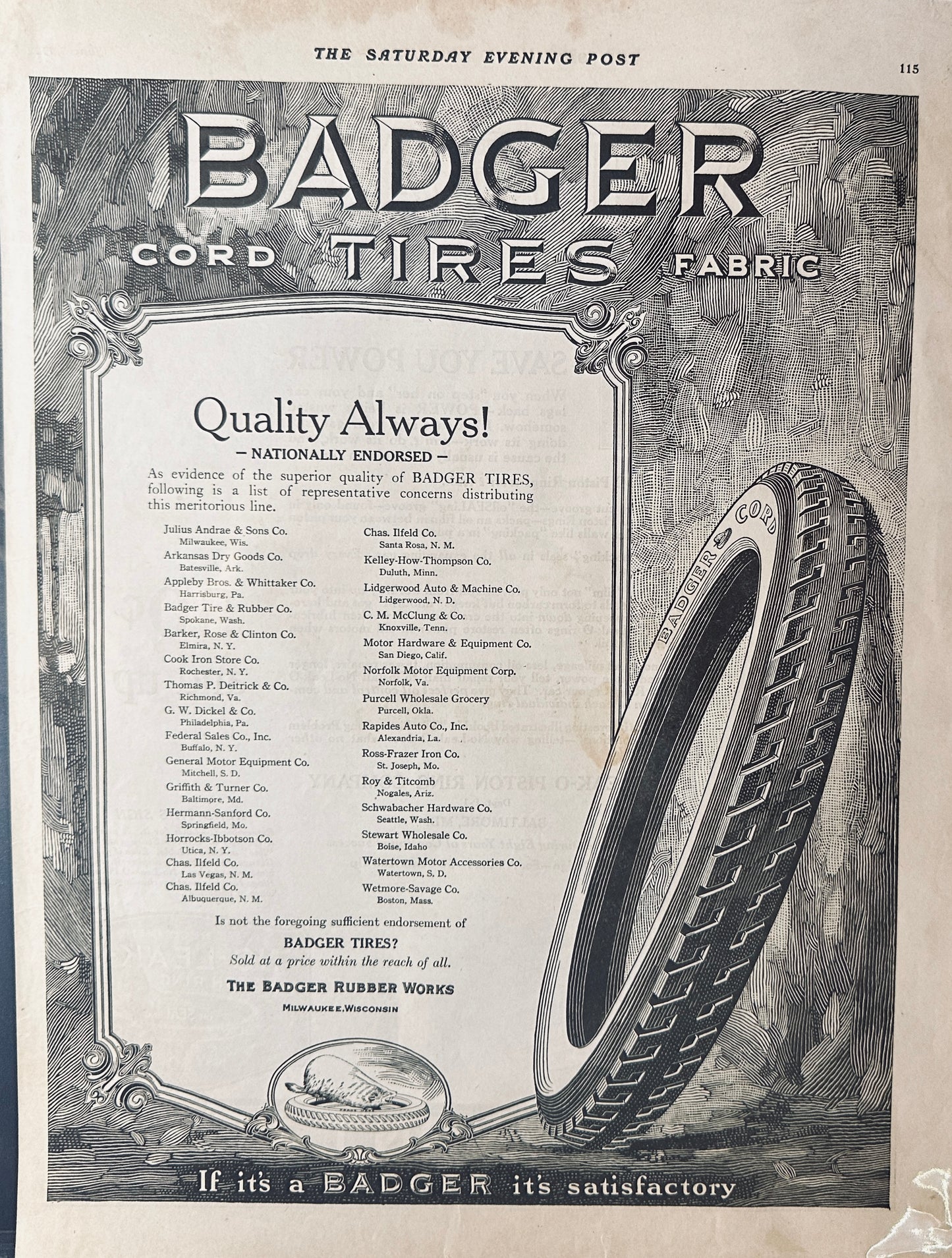 1922 No-Leak Piston Rings & Badger Cord Tires - Wisconsin Business - Magazine Ad