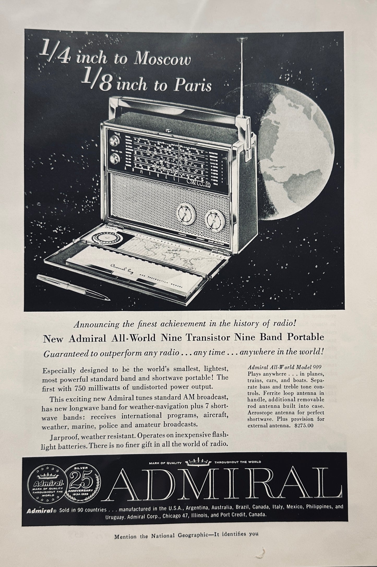 1959 Admiral 9 Band Transistor Radio Ad S20