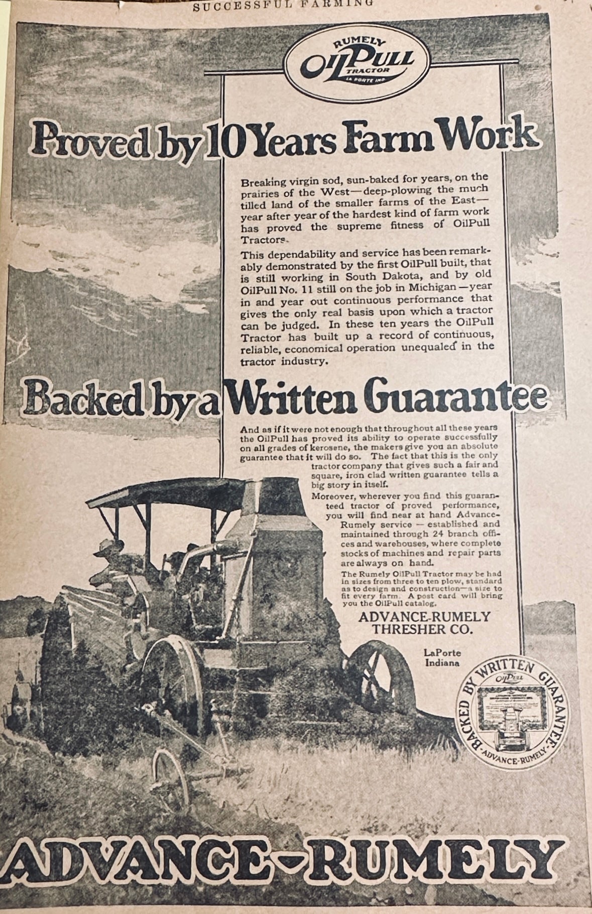 1918 Advance Rumely Oil Pull AVERY Tractor Magazine Ad