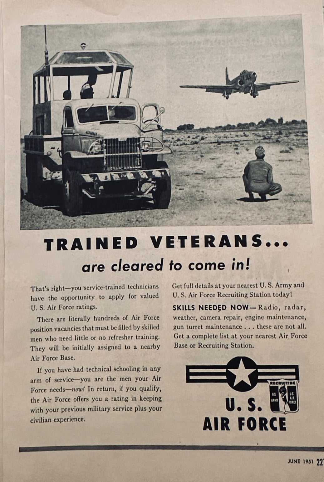 1951 US Air Force Recruitment Ad Trained Veterans - Cleared to Come In! S26