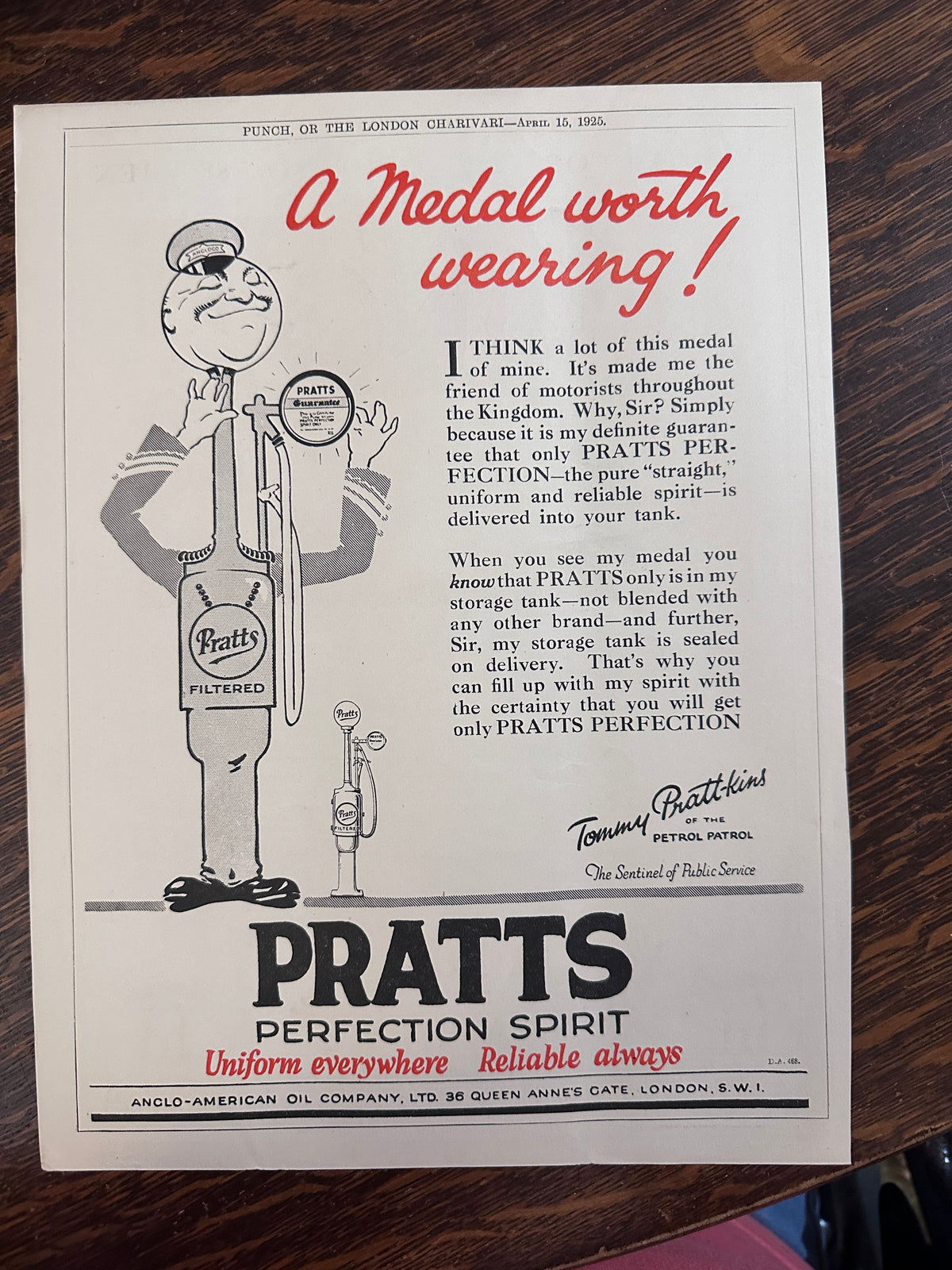 1925 Pratt's Petrol Spirit Perfection Spirit - Medal Worth Wearing Ad #N1515